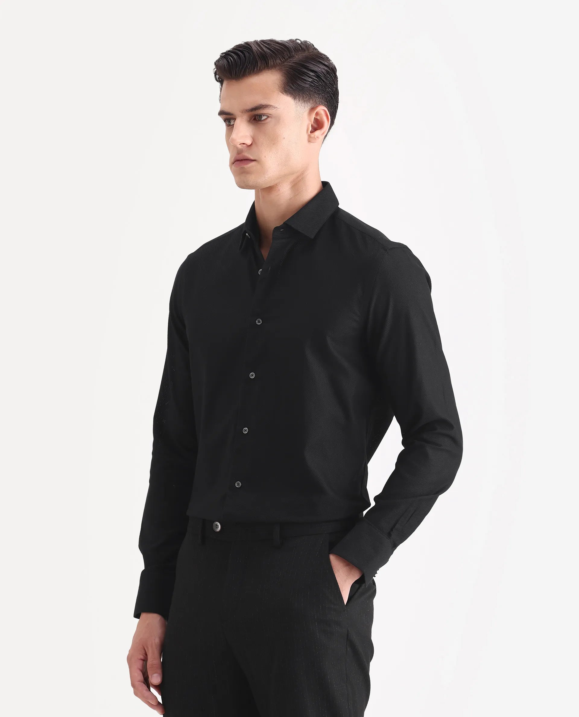 Rare Rabbit Men's Guild Business Astron Black Cotton Textured Regular Fit Full Sleeve Collared Shirt