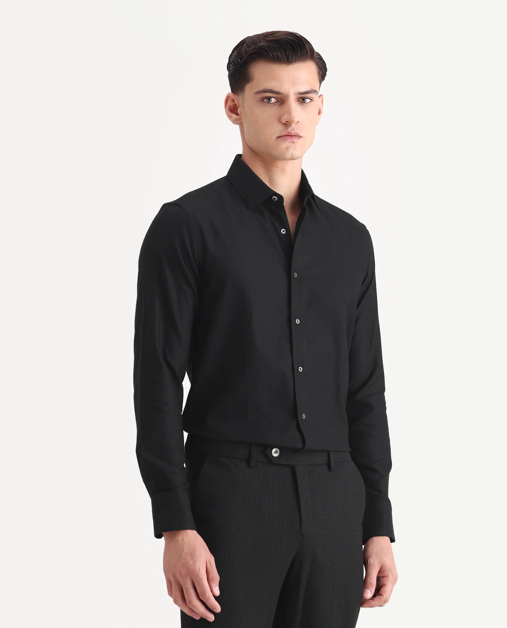 Rare Rabbit Men's Guild Business Astron Black Cotton Textured Regular Fit Full Sleeve Collared Shirt