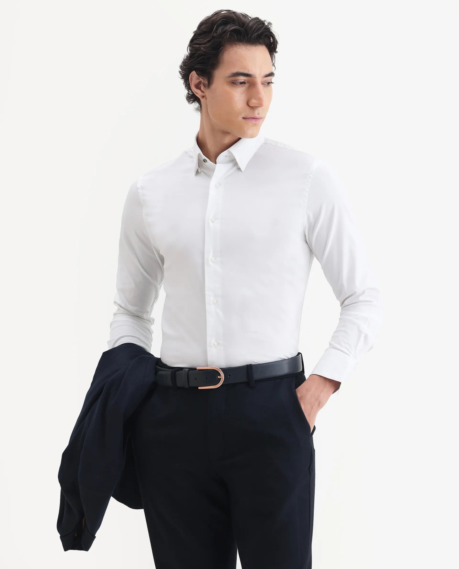 Rare Rabbit Men's Messa White Cotton Plain Regular Fit Full Sleeve Collared Shirt