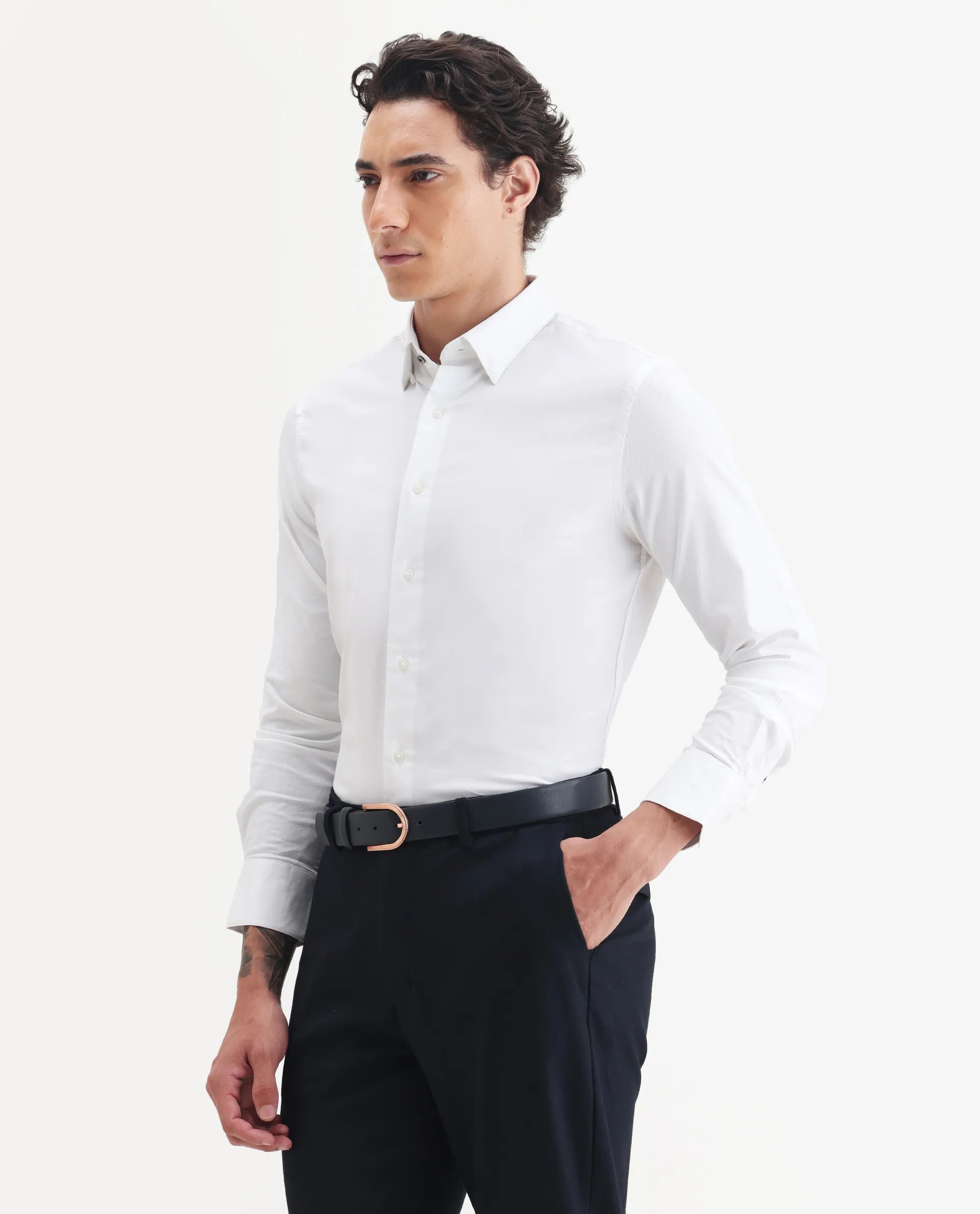 Rare Rabbit Men's Messa White Cotton Plain Regular Fit Full Sleeve Collared Shirt