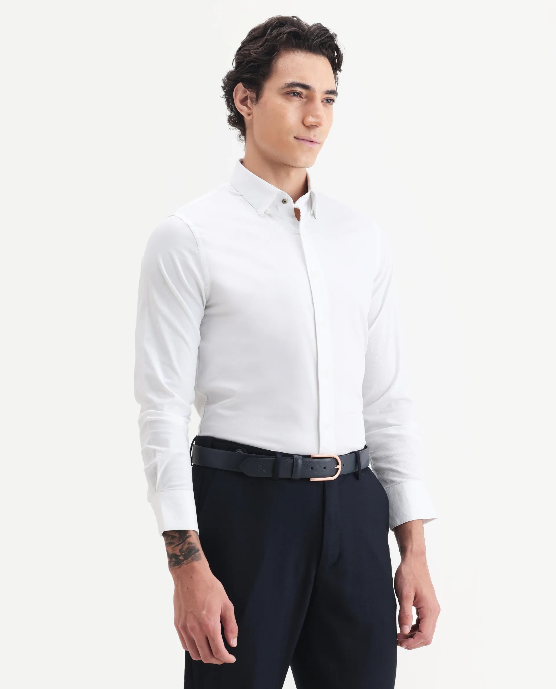 Rare Rabbit Men's Messa White Cotton Plain Regular Fit Full Sleeve Collared Shirt