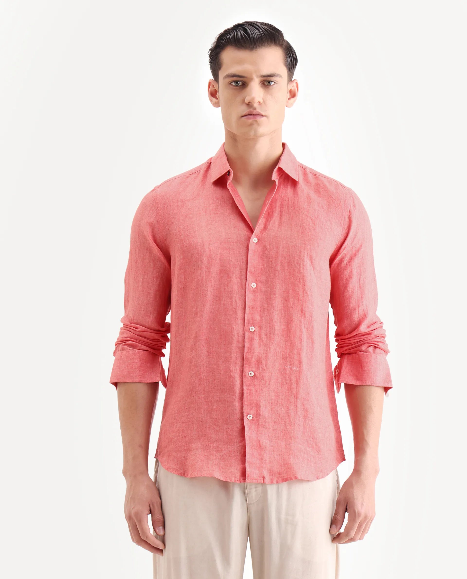 Rare Rabbit Men's Borium-2 Flouroscent Pink 100% Linen Plain Regular Fit Full Sleeve Collared Shirt