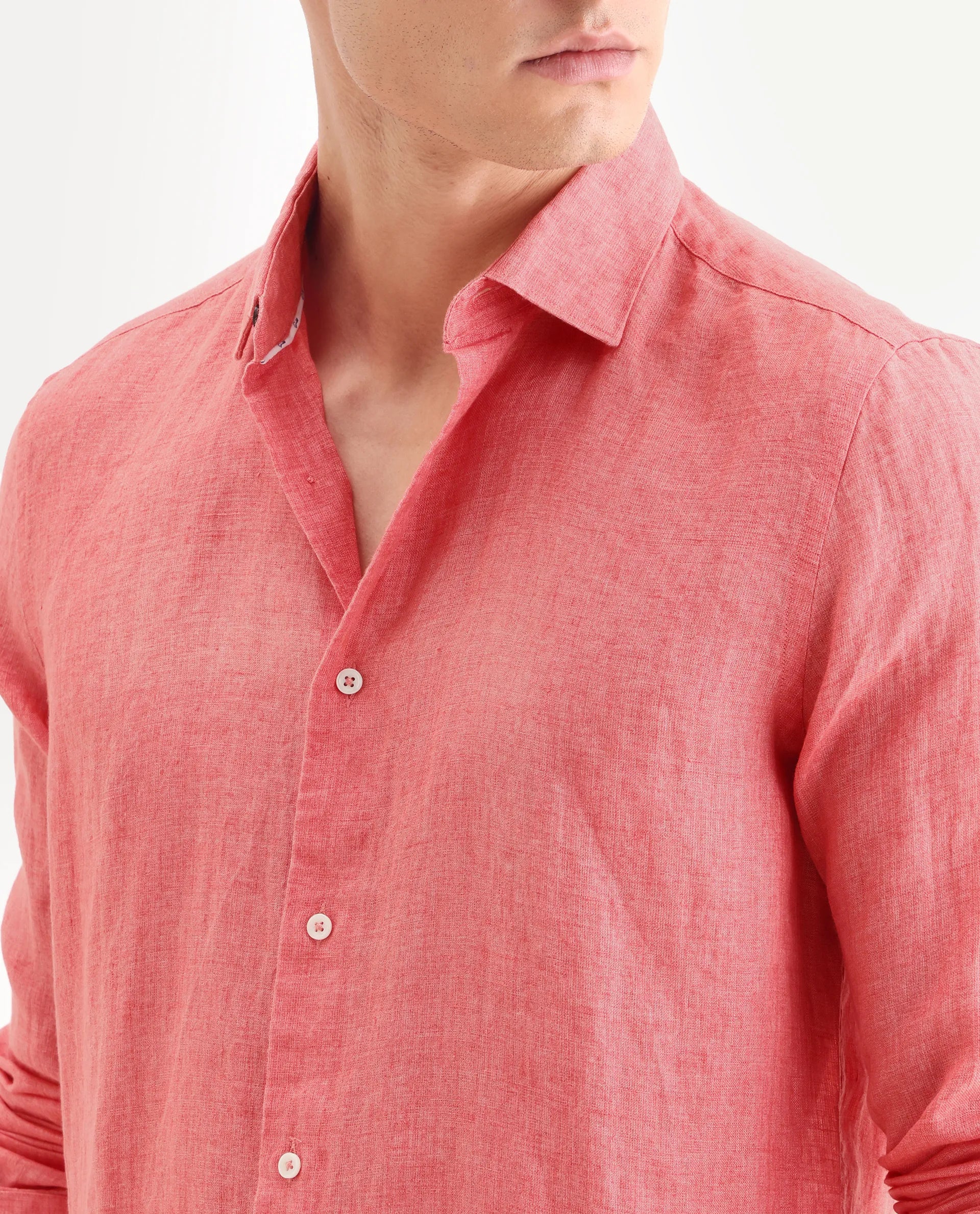 Rare Rabbit Men's Borium-2 Flouroscent Pink 100% Linen Plain Regular Fit Full Sleeve Collared Shirt