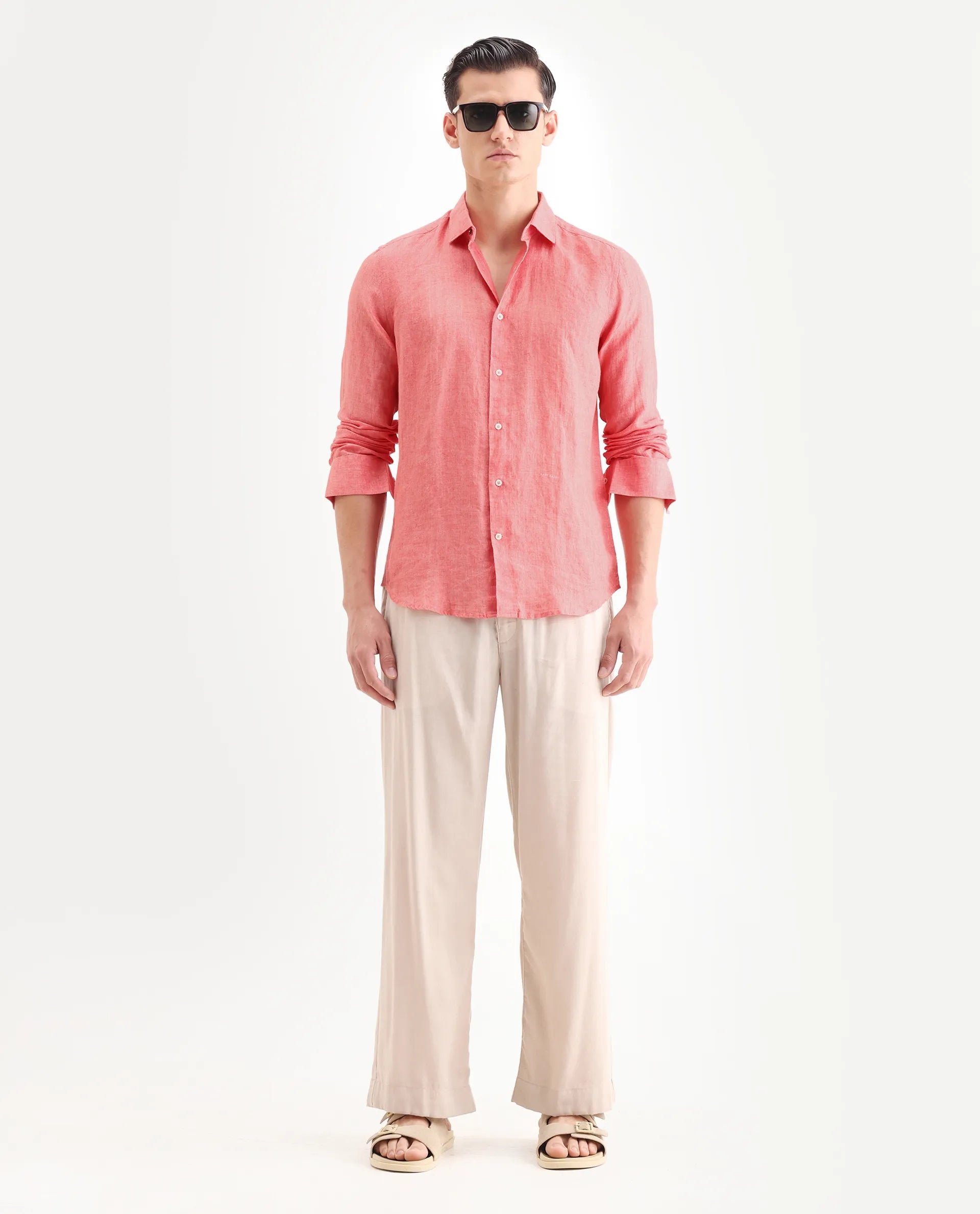 Rare Rabbit Men's Borium-2 Flouroscent Pink 100% Linen Plain Regular Fit Full Sleeve Collared Shirt