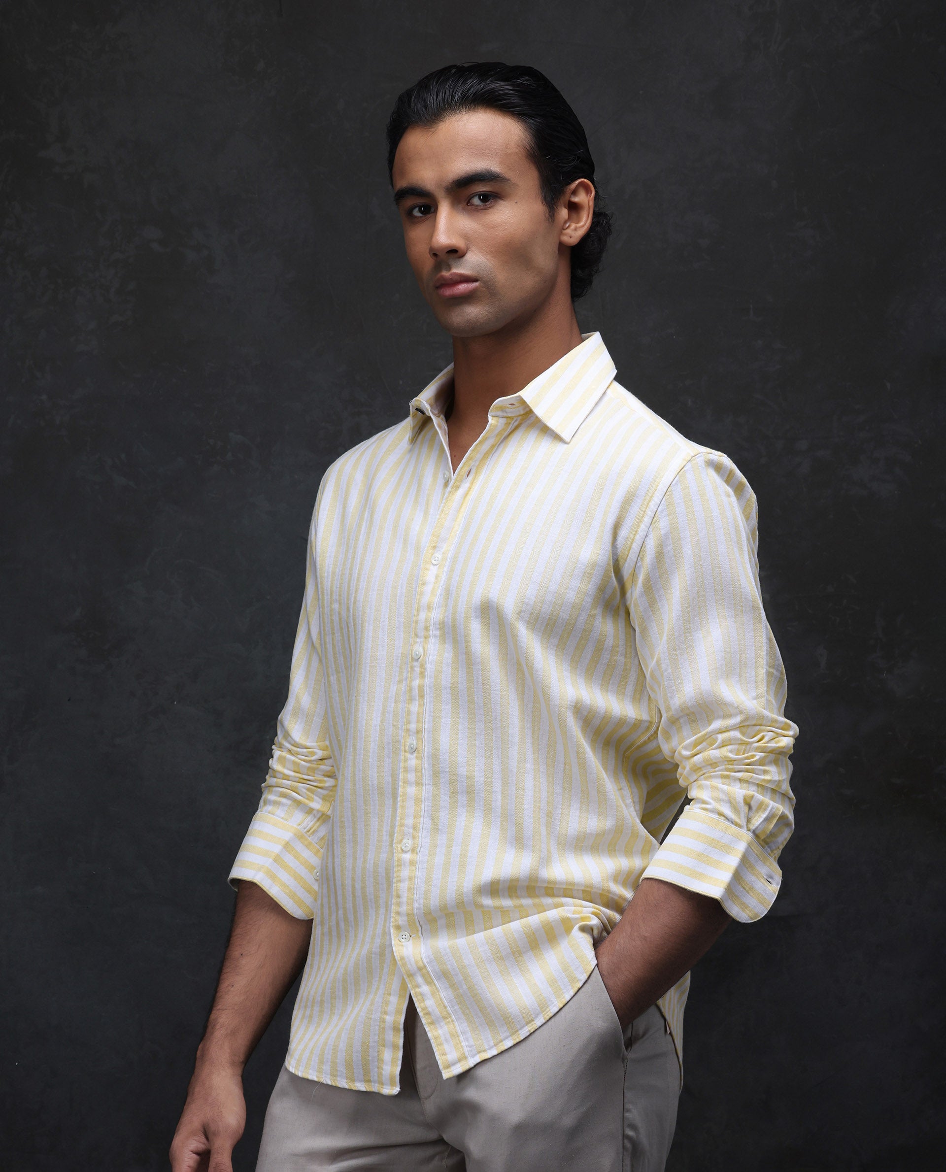 Rare Rabbit Men's Dopple Light Yellow Linen Blend Striped Print Regular Fit Full Sleeve Collared Shirt