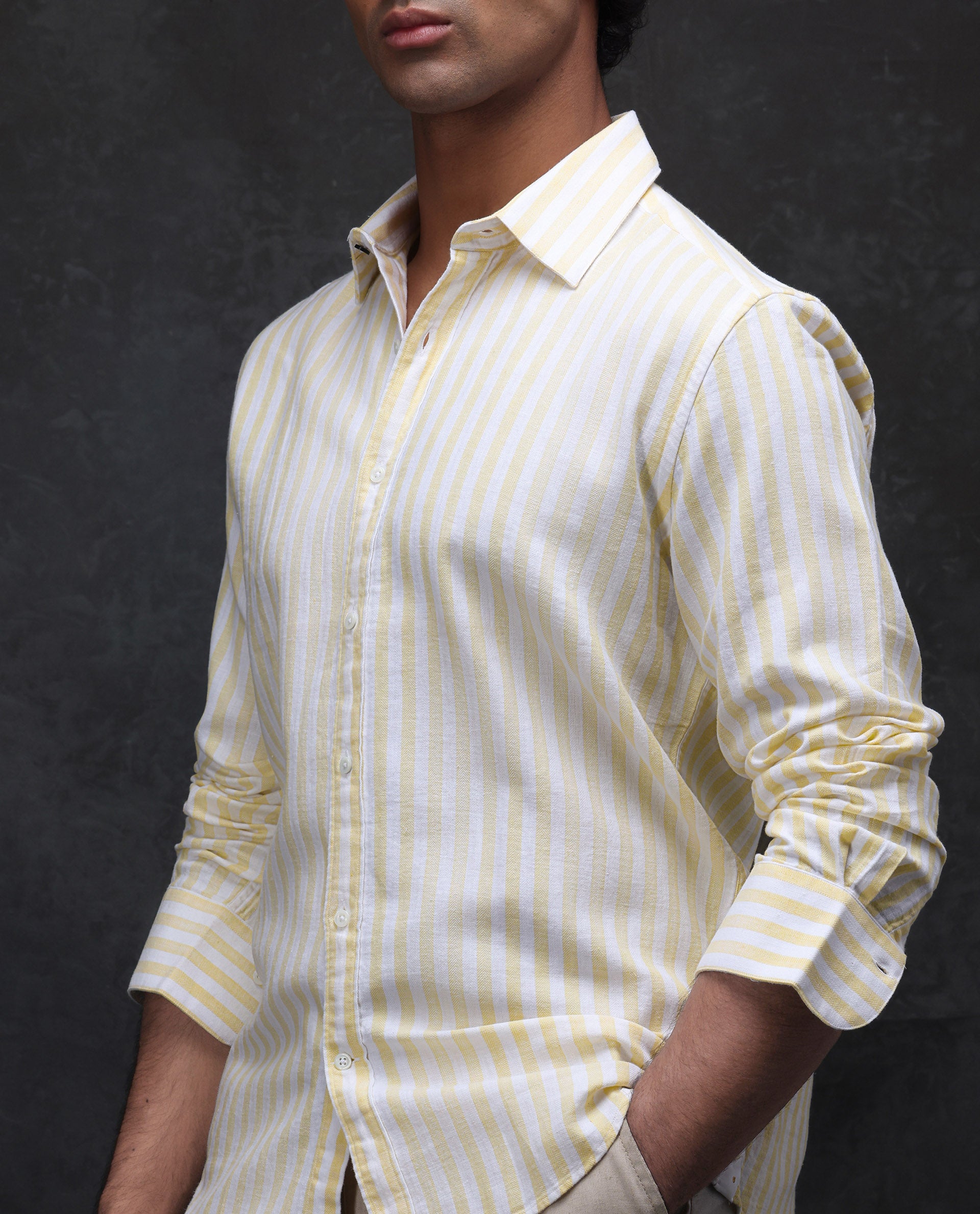 Rare Rabbit Men's Dopple Light Yellow Linen Blend Striped Print Regular Fit Full Sleeve Collared Shirt