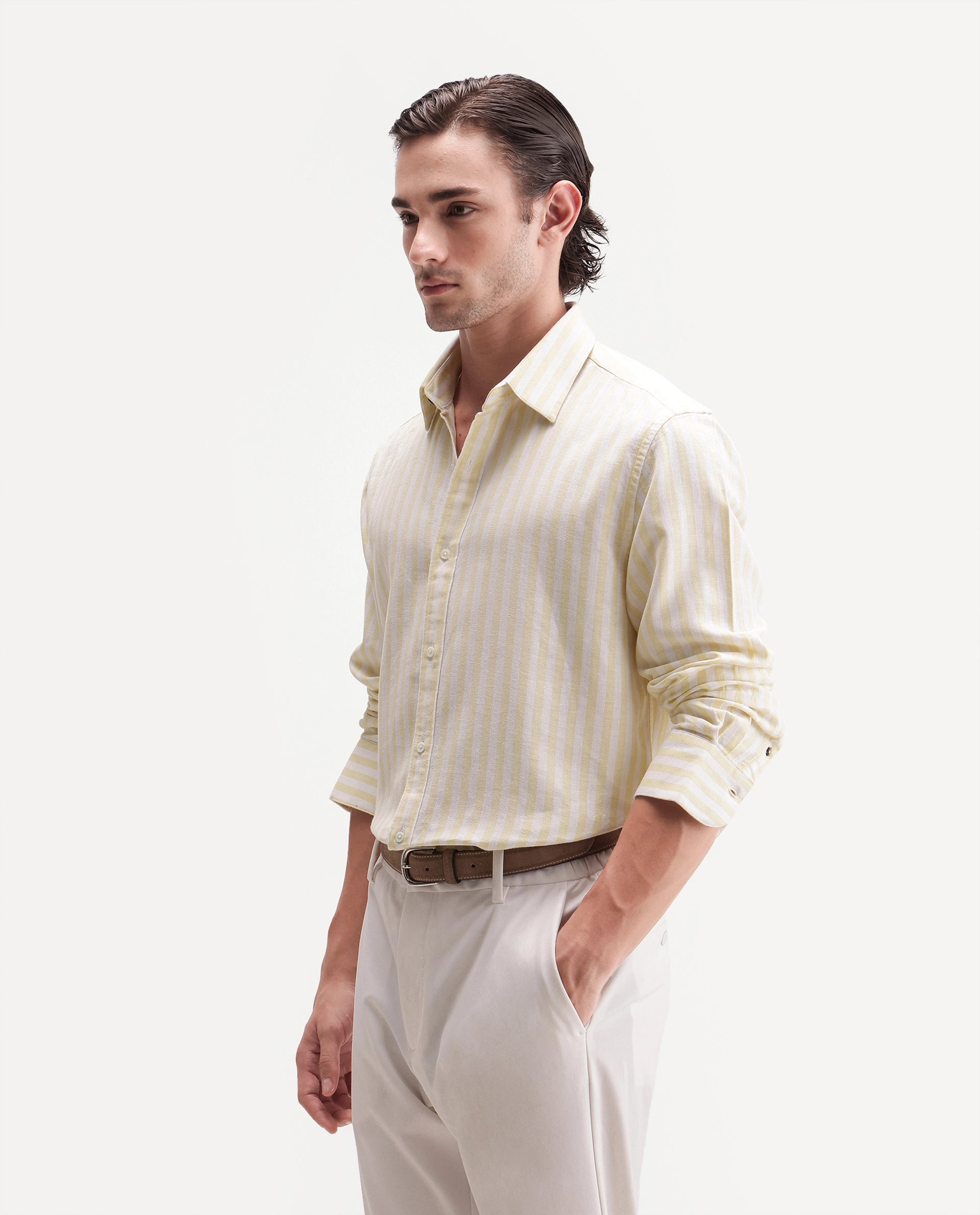 Rare Rabbit Men's Dopple Light Yellow Linen Blend Striped Print Regular Fit Full Sleeve Collared Shirt