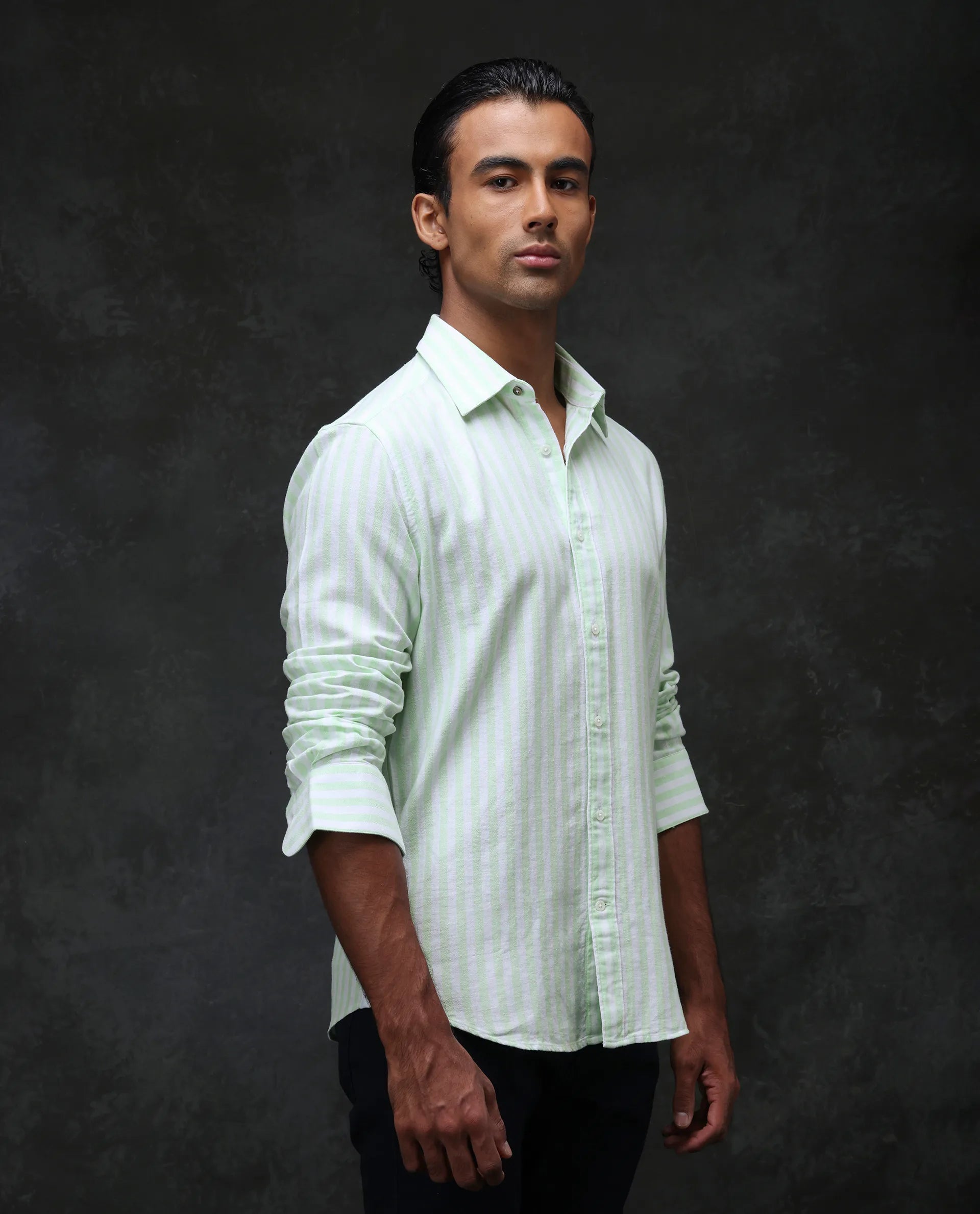 Rare Rabbit Men's Dopple Pastel Green Linen Blend Striped Print Regular Fit Full Sleeve Collared Shirt