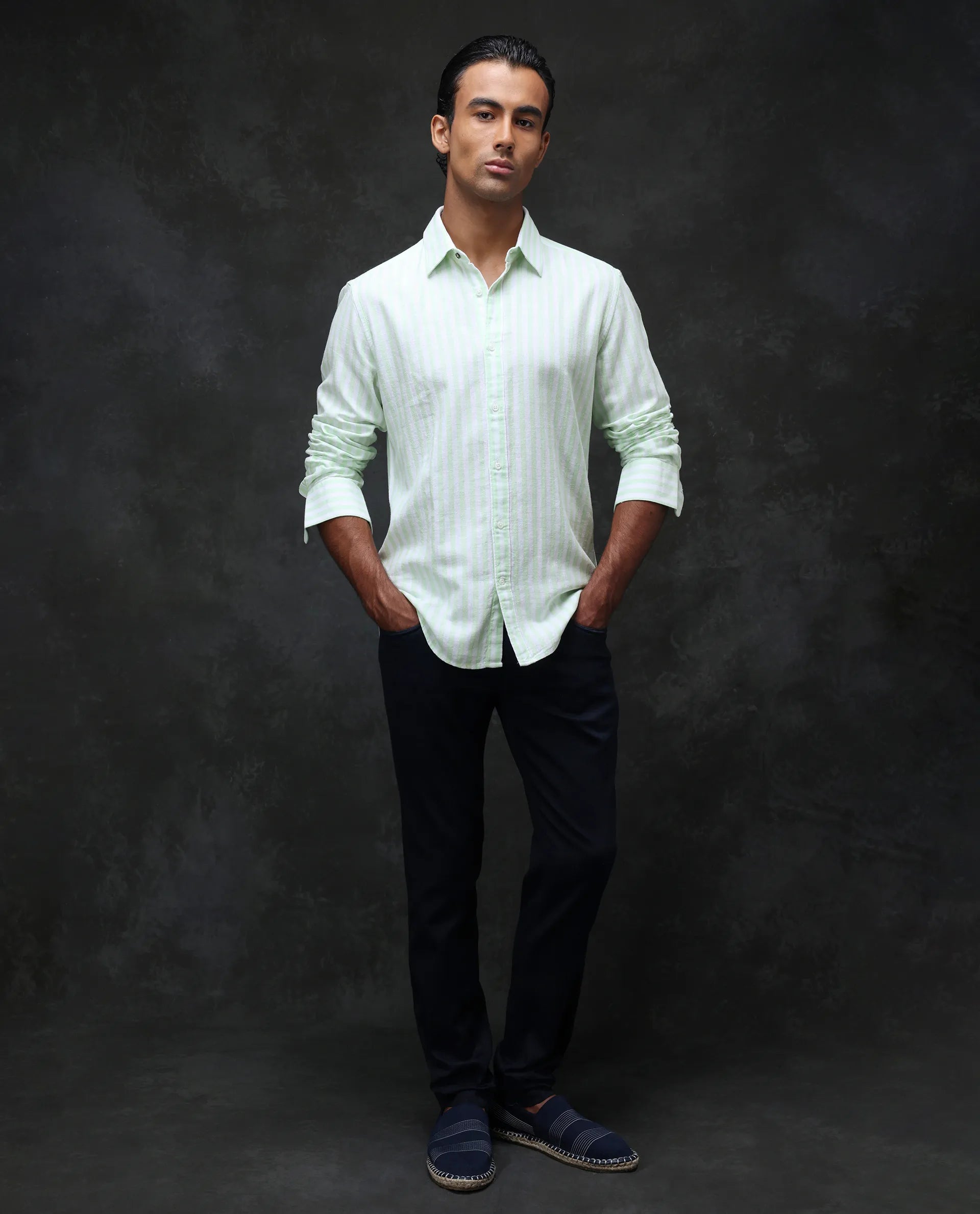 Rare Rabbit Men's Dopple Pastel Green Linen Blend Striped Print Regular Fit Full Sleeve Collared Shirt