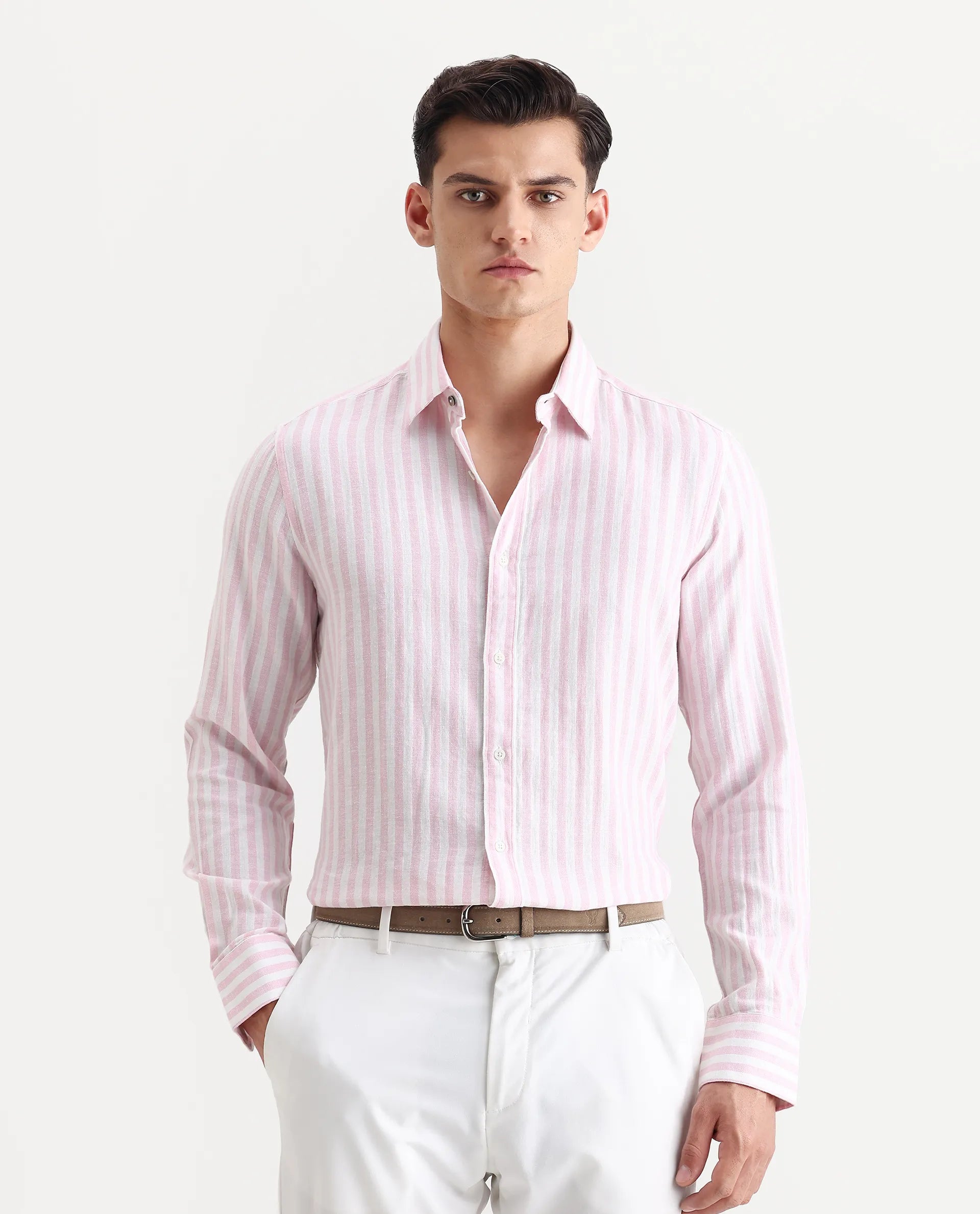 Rare Rabbit Men's Dopple Light Pink Linen Blend Striped Print Regular Fit Full Sleeve Collared Shirt