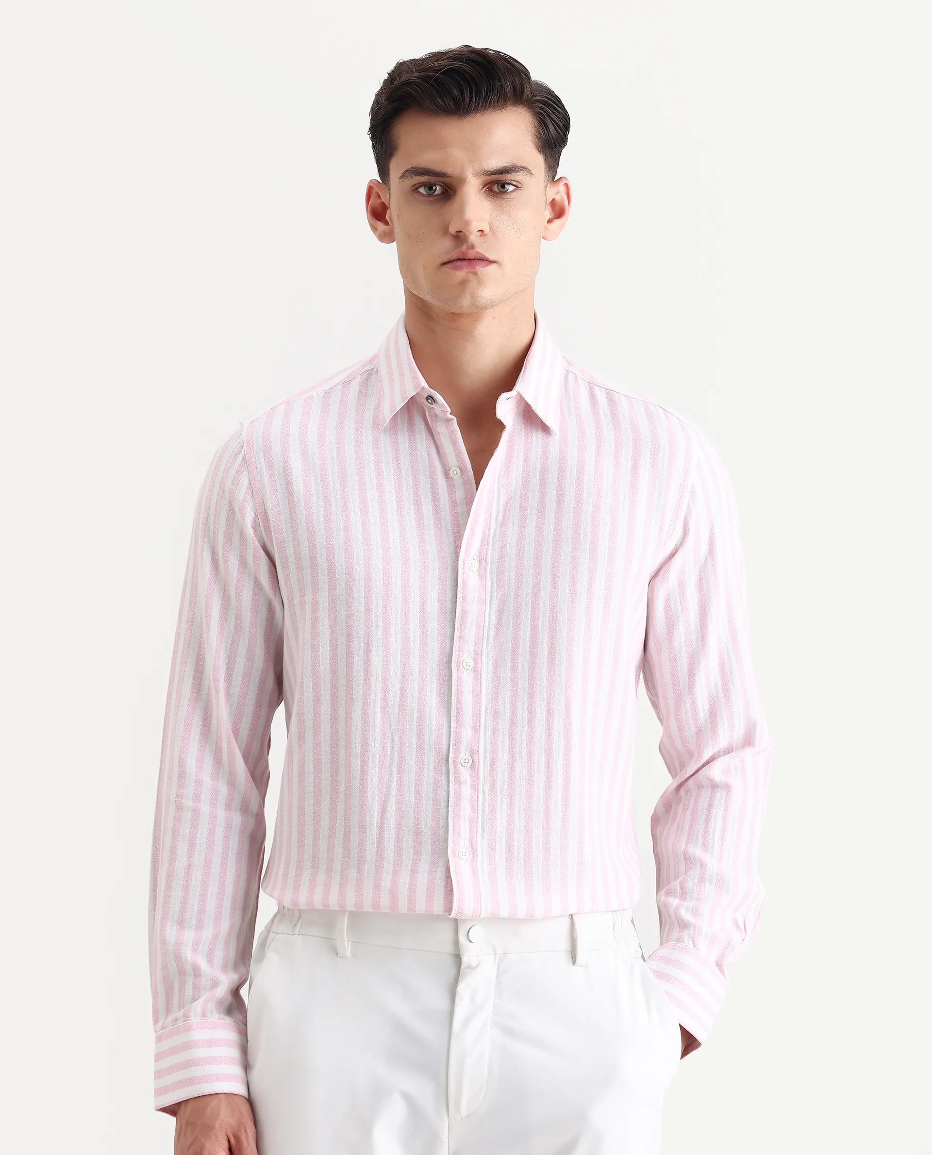 Rare Rabbit Men's Dopple Light Pink Linen Blend Striped Print Regular Fit Full Sleeve Collared Shirt
