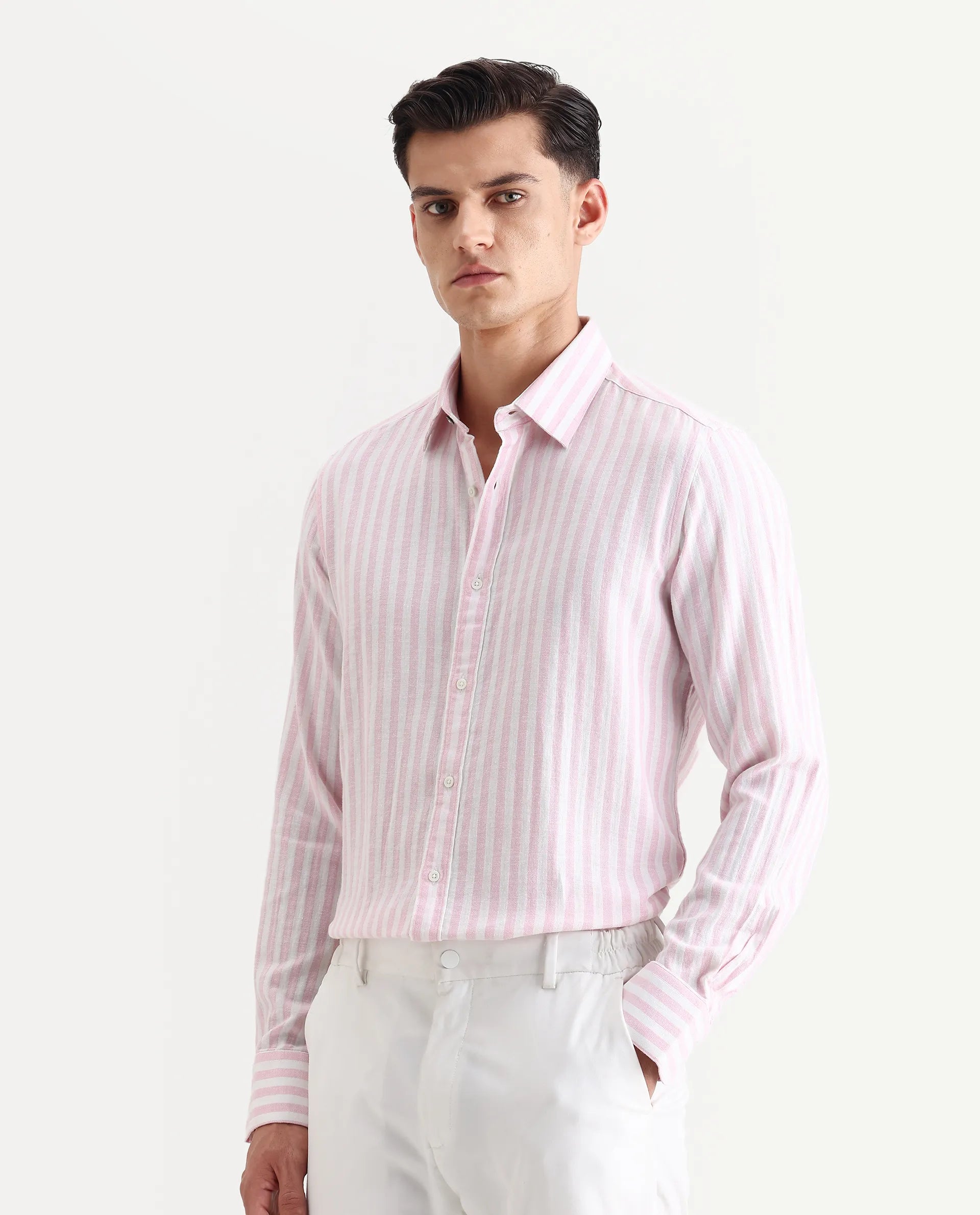 Rare Rabbit Men's Dopple Light Pink Linen Blend Striped Print Regular Fit Full Sleeve Collared Shirt