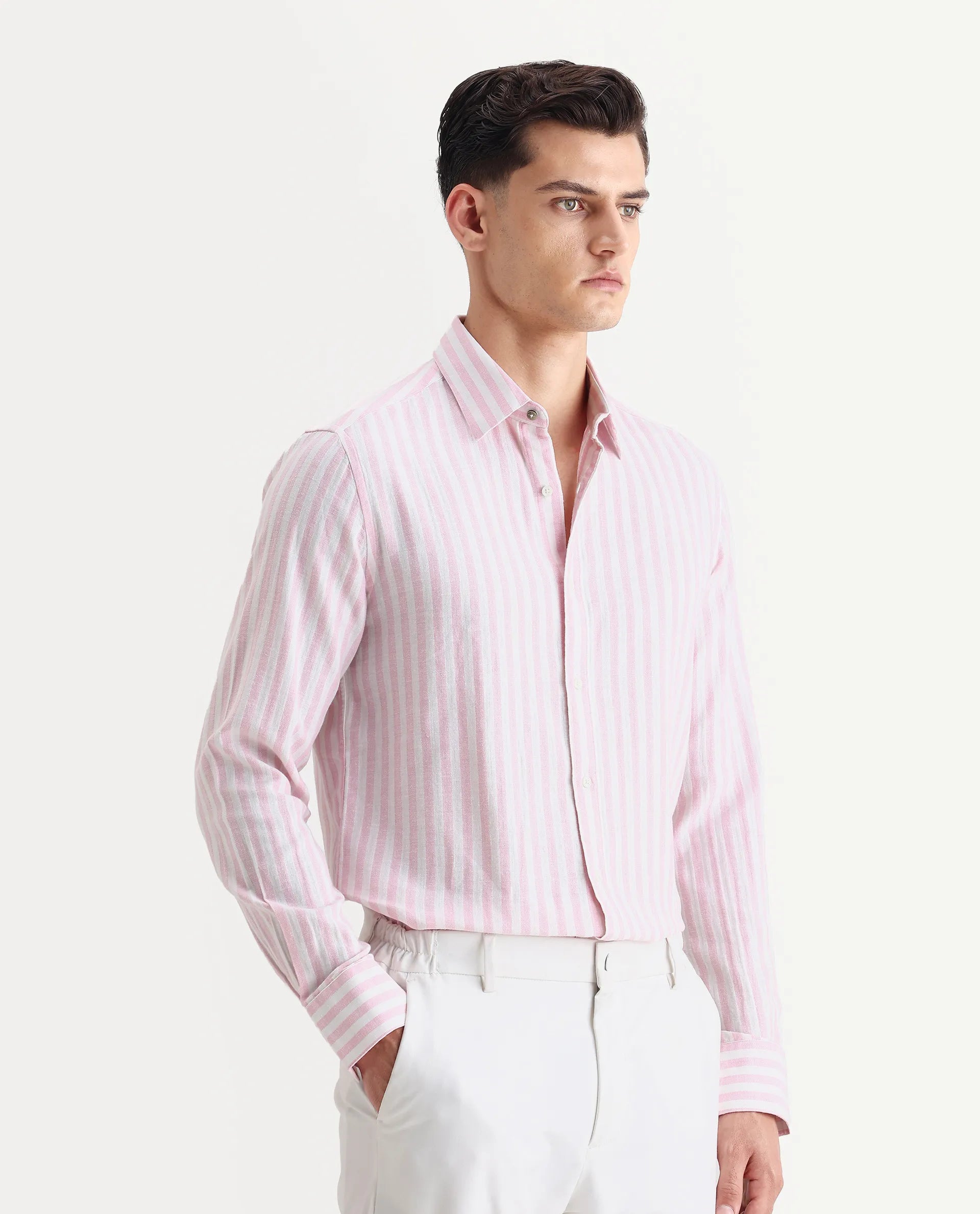 Rare Rabbit Men's Dopple Light Pink Linen Blend Striped Print Regular Fit Full Sleeve Collared Shirt