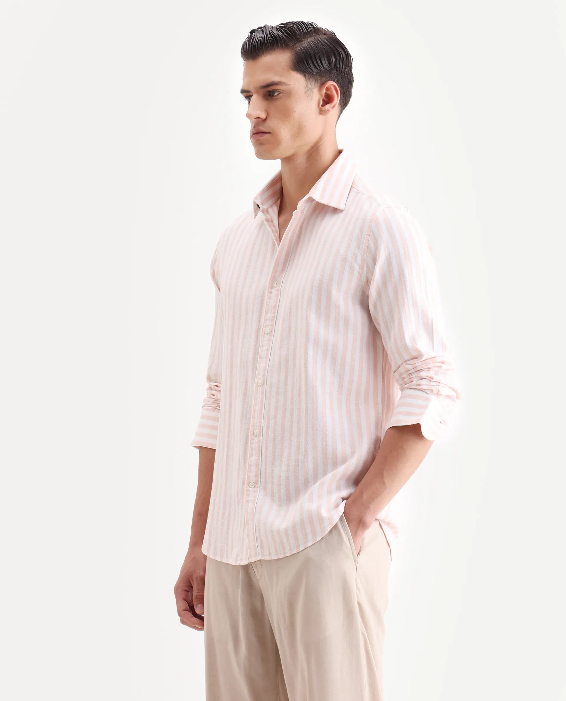 Rare Rabbit Men's Dopple Pastel Peach Linen Blend Striped Print Regular Fit Full Sleeve Collared Shirt