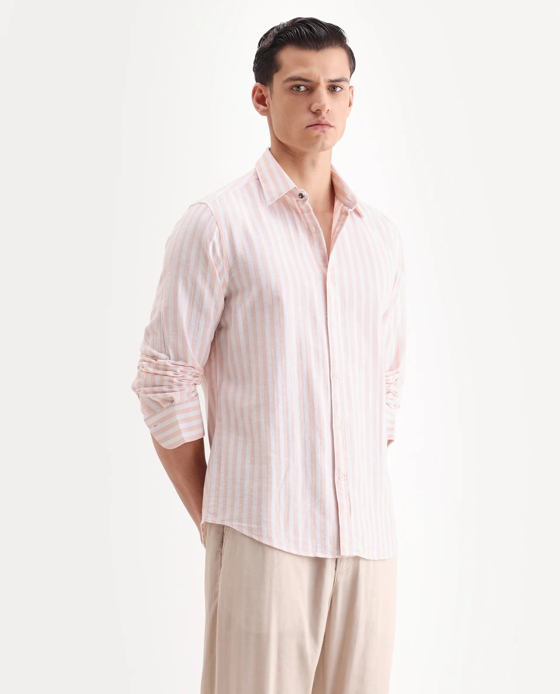 Rare Rabbit Men's Dopple Pastel Peach Linen Blend Striped Print Regular Fit Full Sleeve Collared Shirt