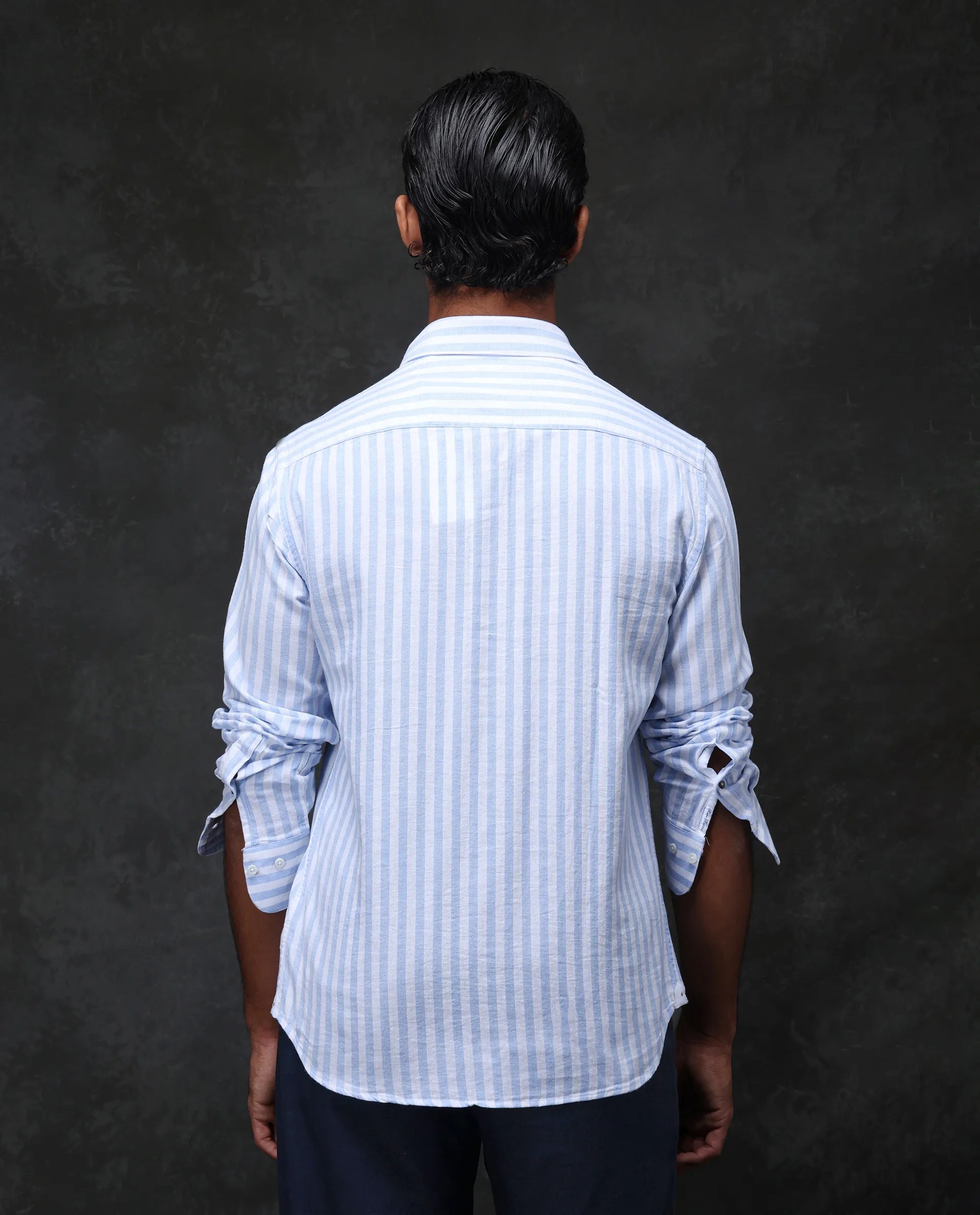 Rare Rabbit Men's Dopple Light Blue Linen Blend Striped Print Regular Fit Full Sleeve Collared Shirt