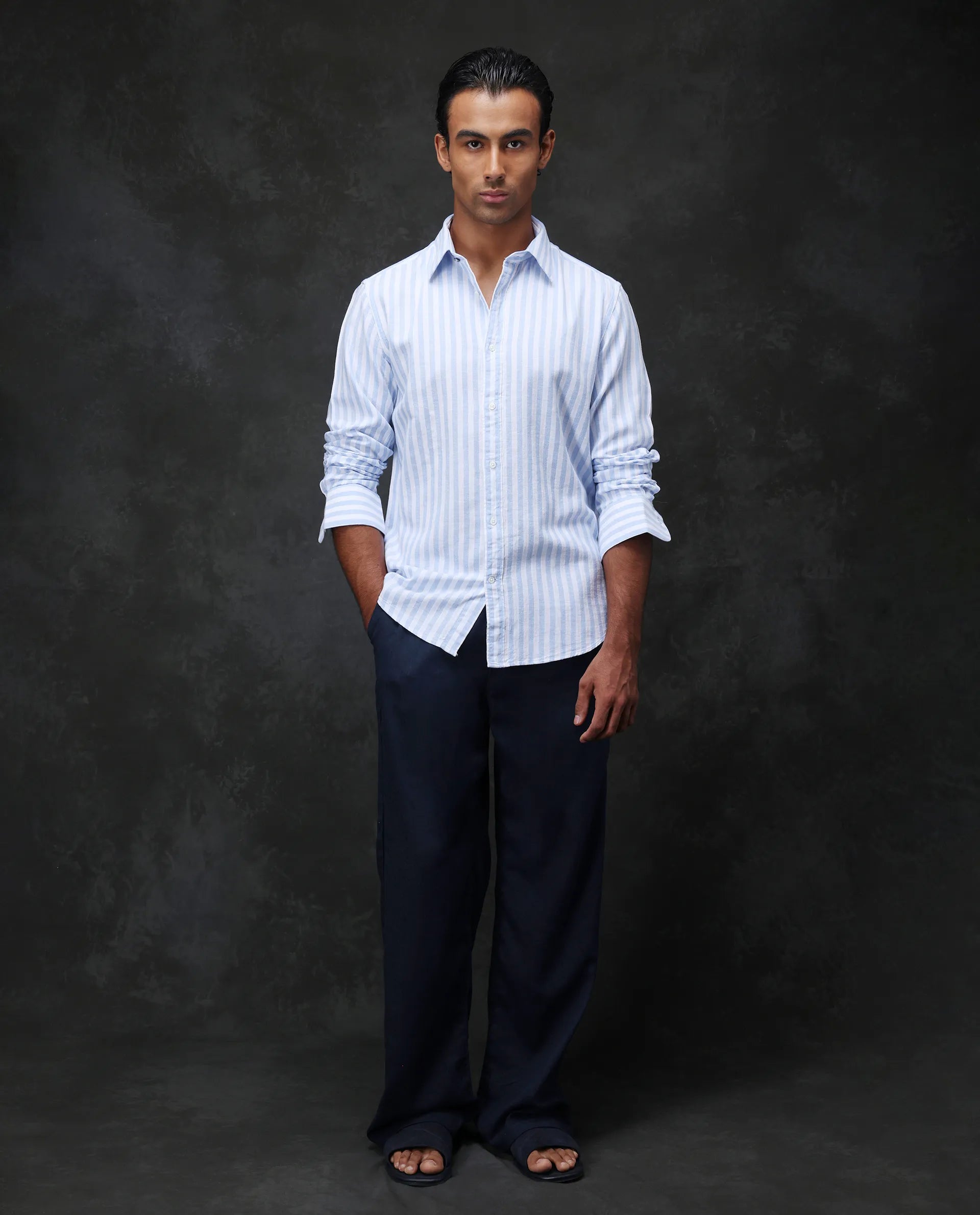 Rare Rabbit Men's Dopple Light Blue Linen Blend Striped Print Regular Fit Full Sleeve Collared Shirt