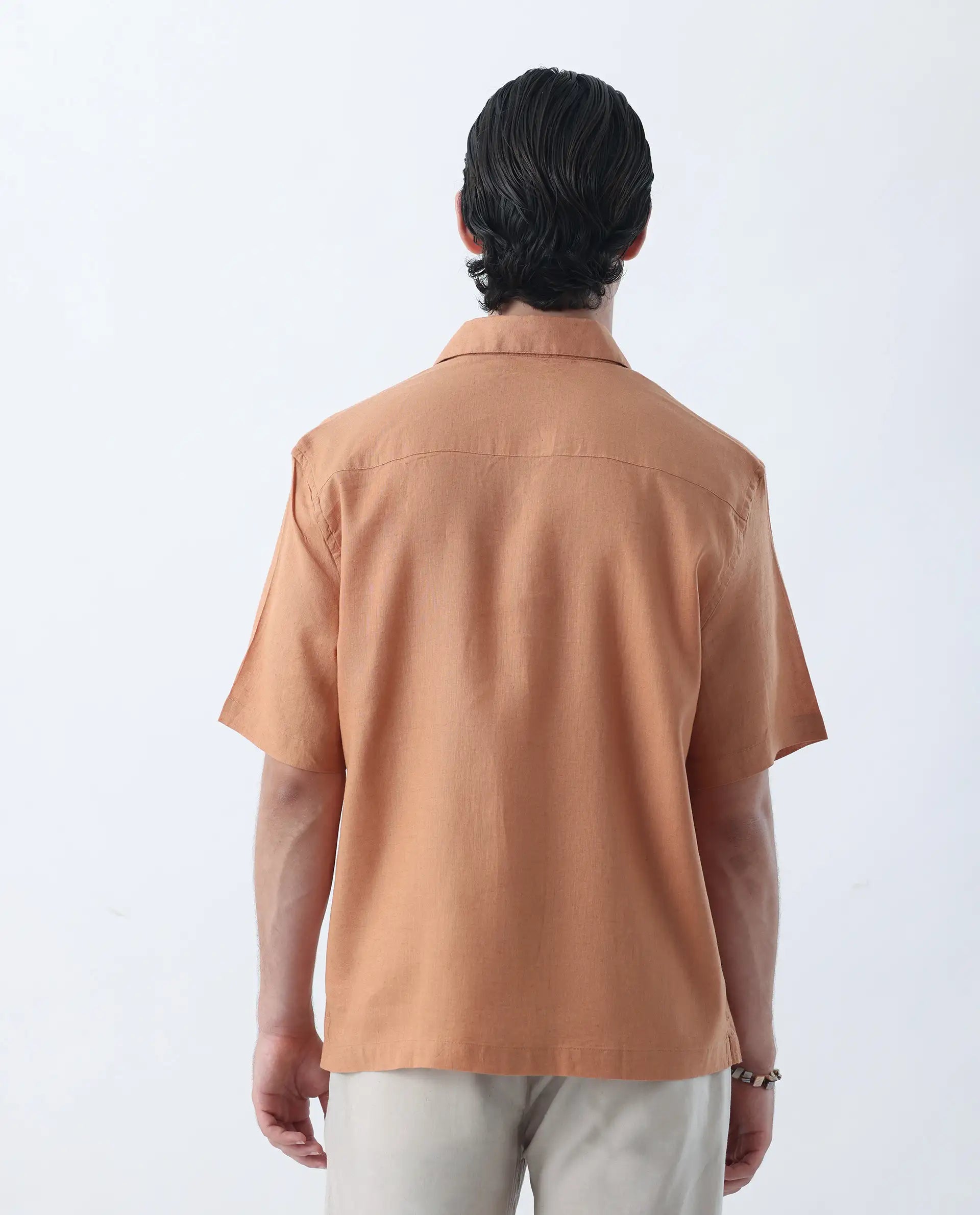 Rare Rabbit Men's Linex-1 Dusky Orange 100% Linen Plain Regular Fit Half Sleeve Collared Shirt