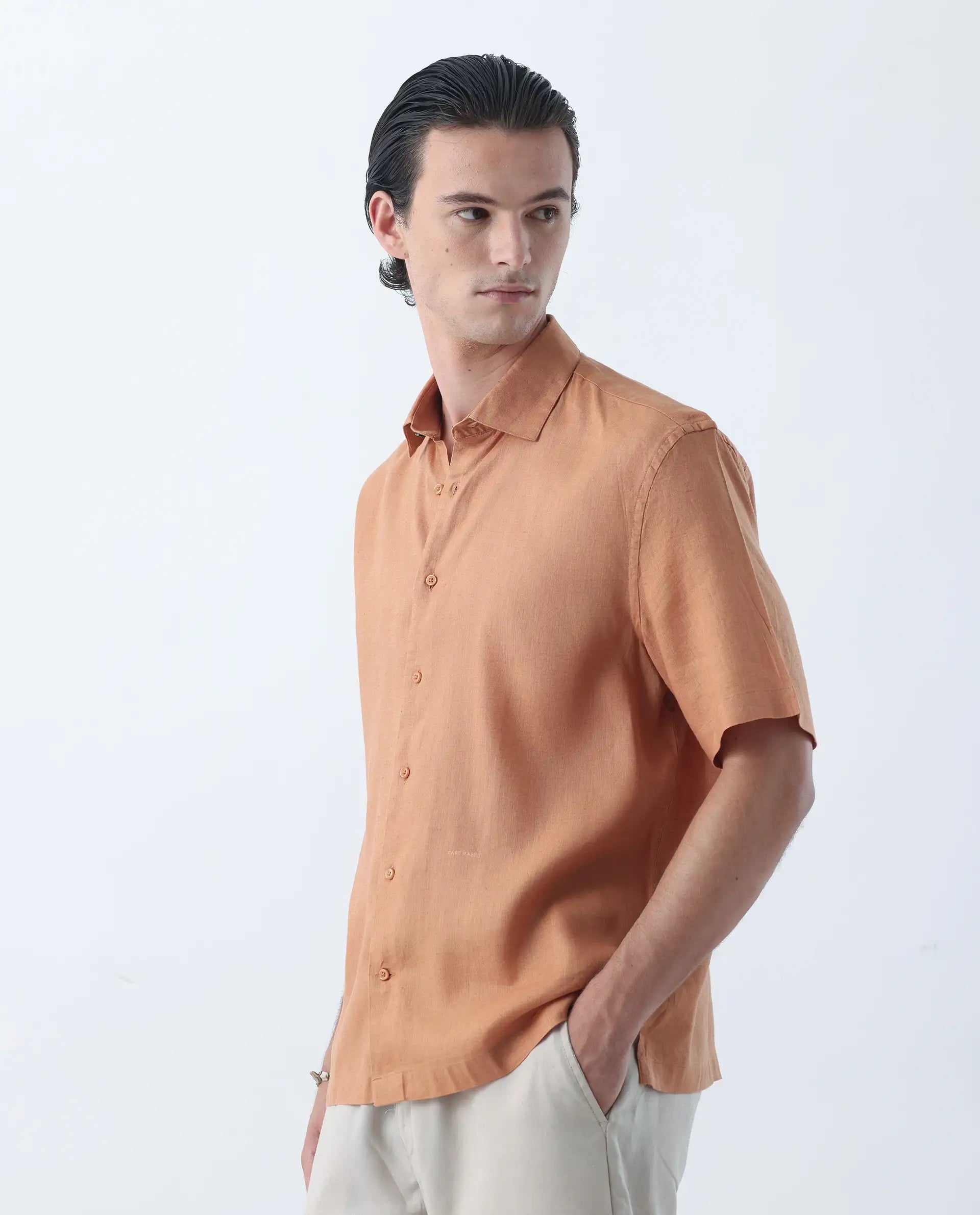 Rare Rabbit Men's Linex-1 Dusky Orange 100% Linen Plain Regular Fit Half Sleeve Collared Shirt