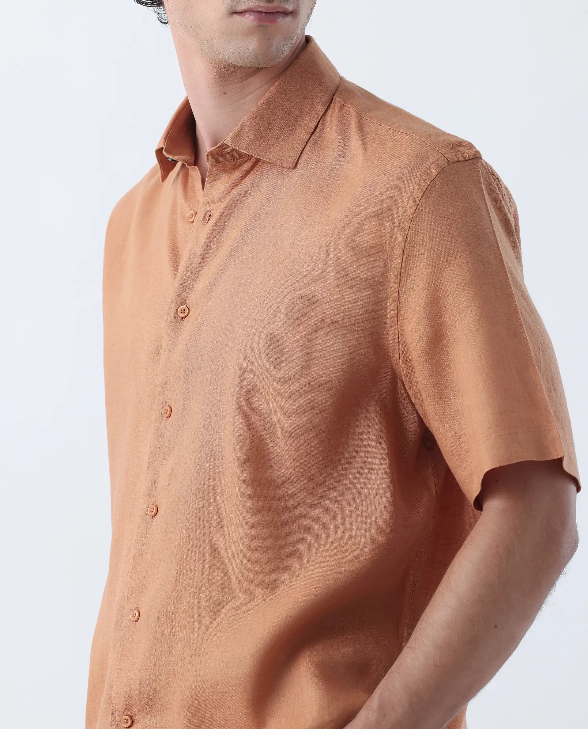 Rare Rabbit Men's Linex-1 Dusky Orange 100% Linen Plain Regular Fit Half Sleeve Collared Shirt
