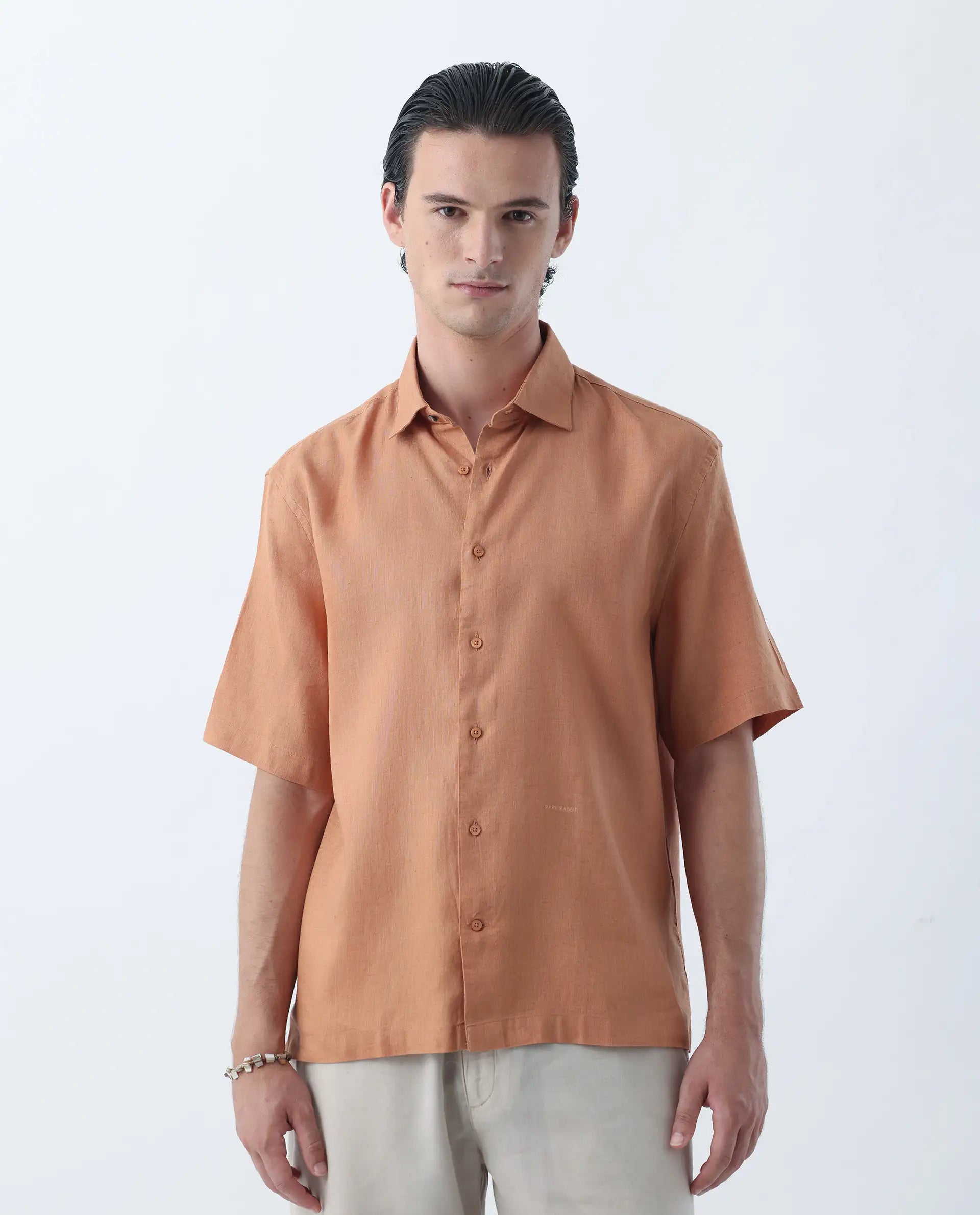 Rare Rabbit Men's Linex-1 Dusky Orange 100% Linen Plain Regular Fit Half Sleeve Collared Shirt