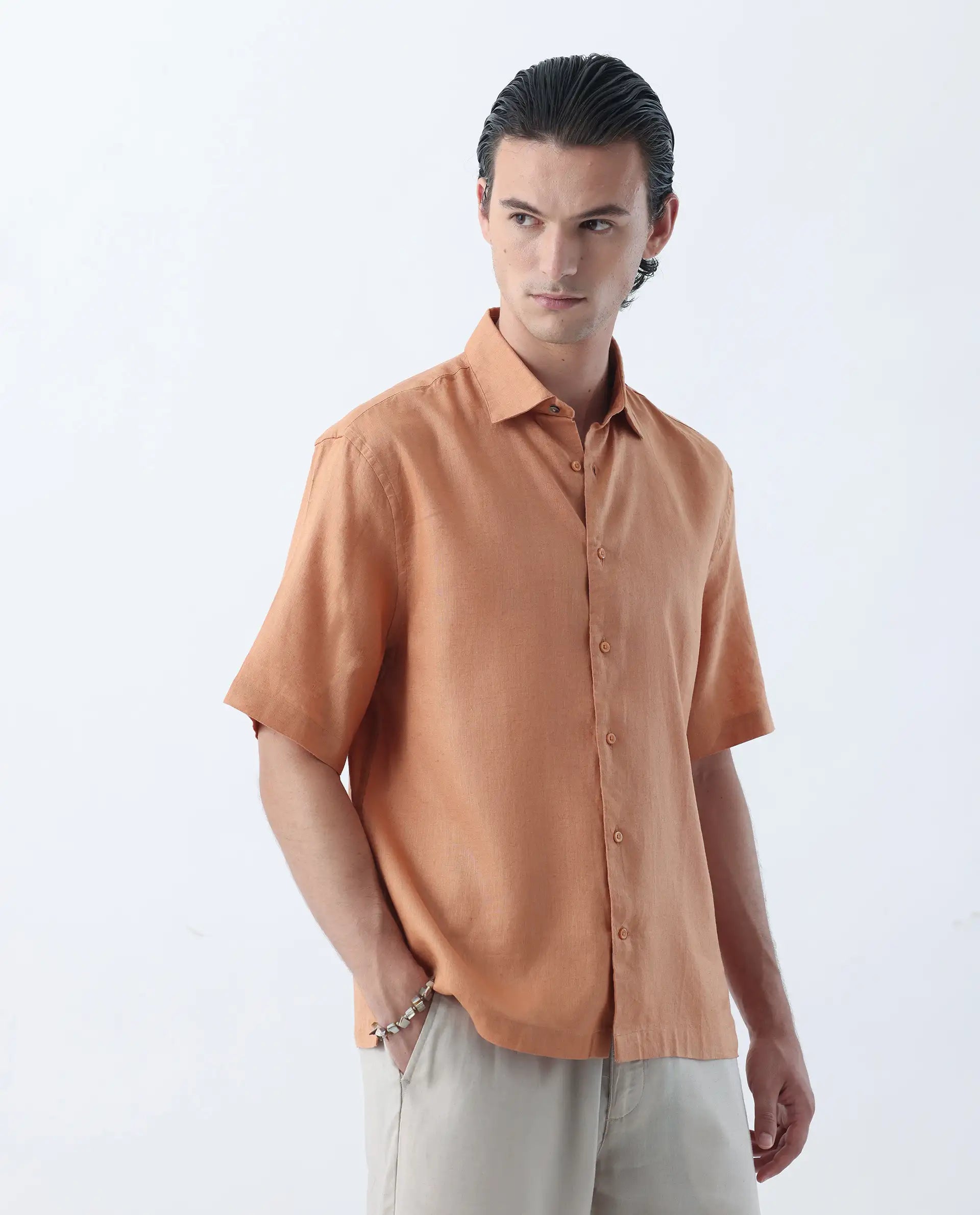 Rare Rabbit Men's Linex-1 Dusky Orange 100% Linen Plain Regular Fit Half Sleeve Collared Shirt