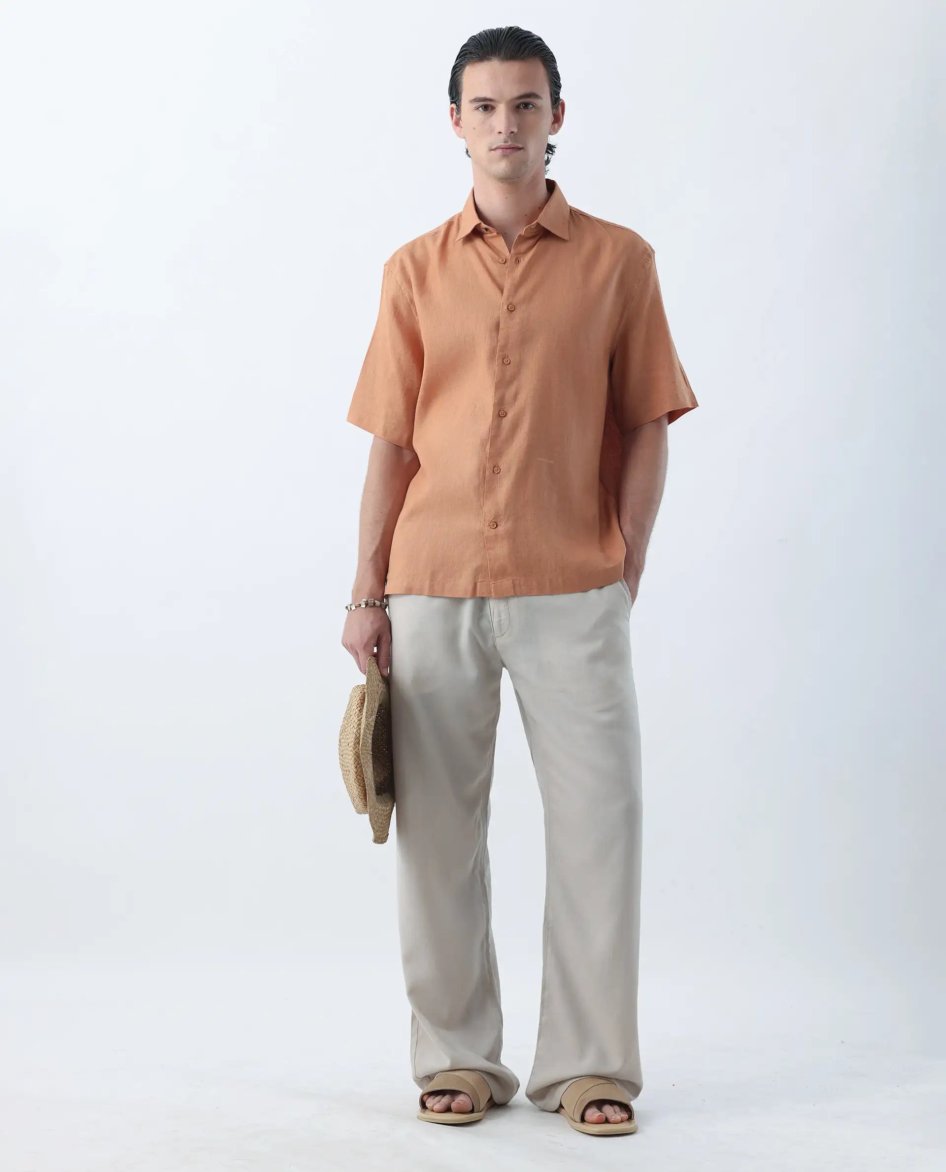 Rare Rabbit Men's Linex-1 Dusky Orange 100% Linen Plain Regular Fit Half Sleeve Collared Shirt