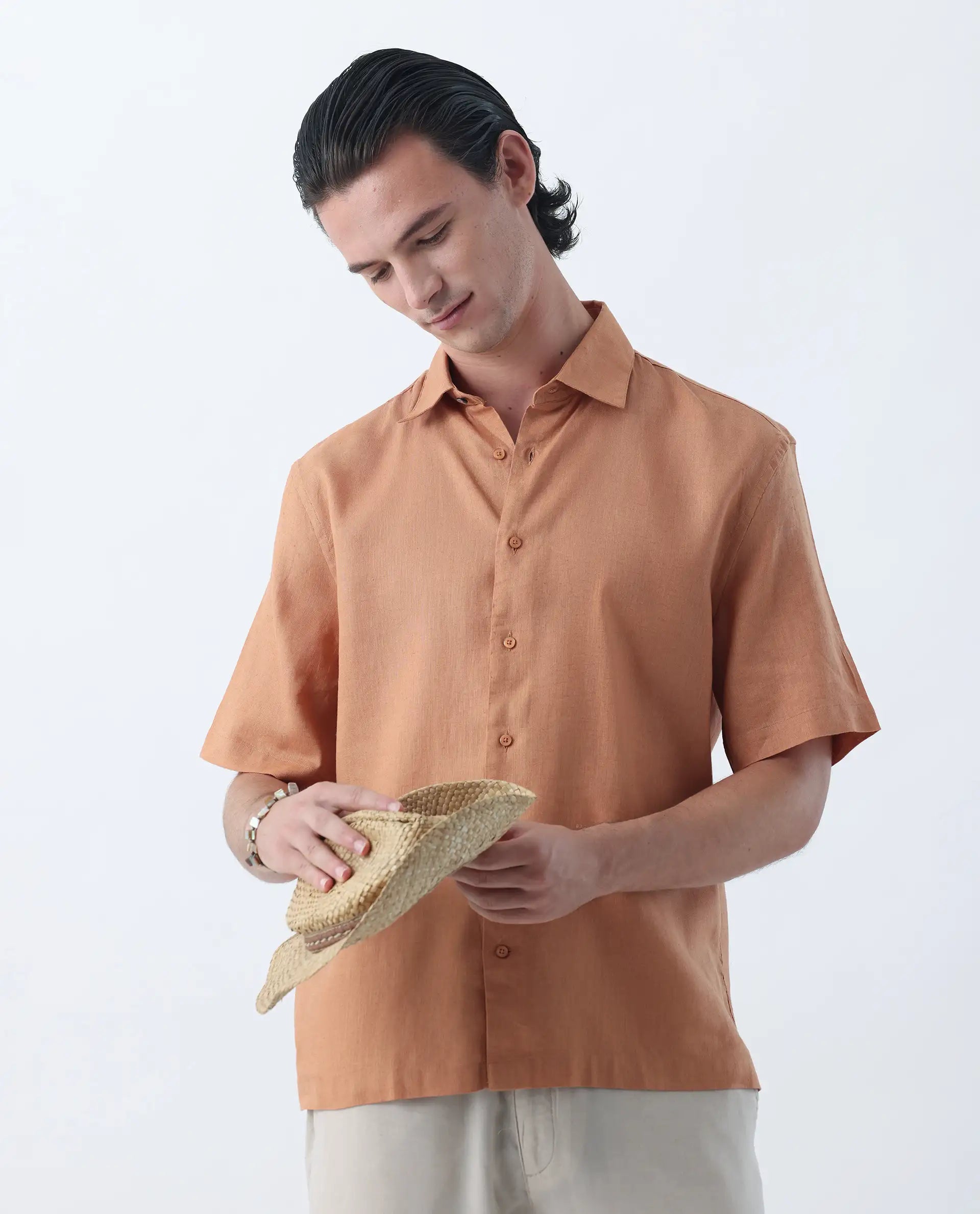 Rare Rabbit Men's Linex-1 Dusky Orange 100% Linen Plain Regular Fit Half Sleeve Collared Shirt