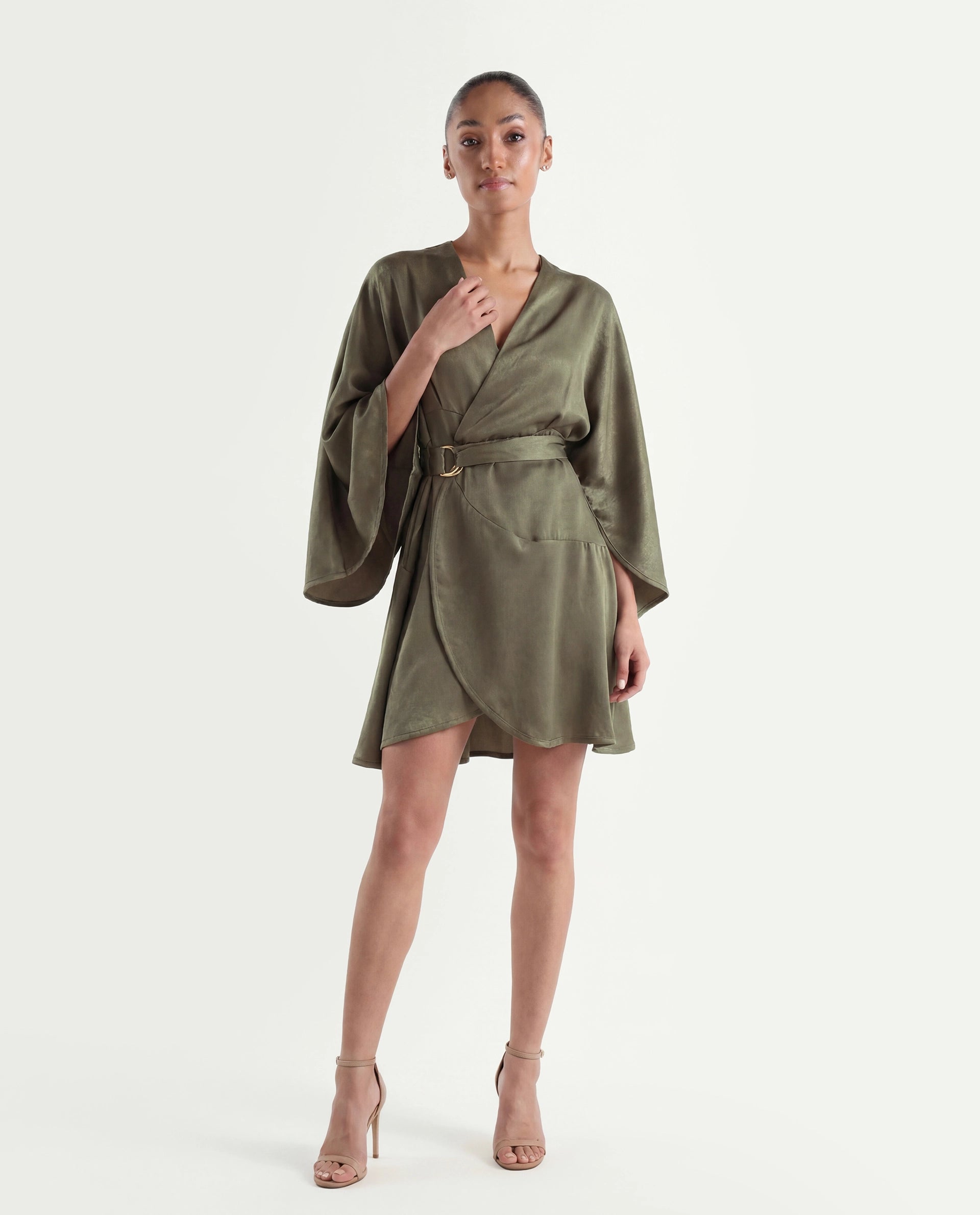 Rareism Women's Alapeno Dark Olive Polyester Overlap Neck Plain Bell Sleeve Mini Fit And Flare Dress