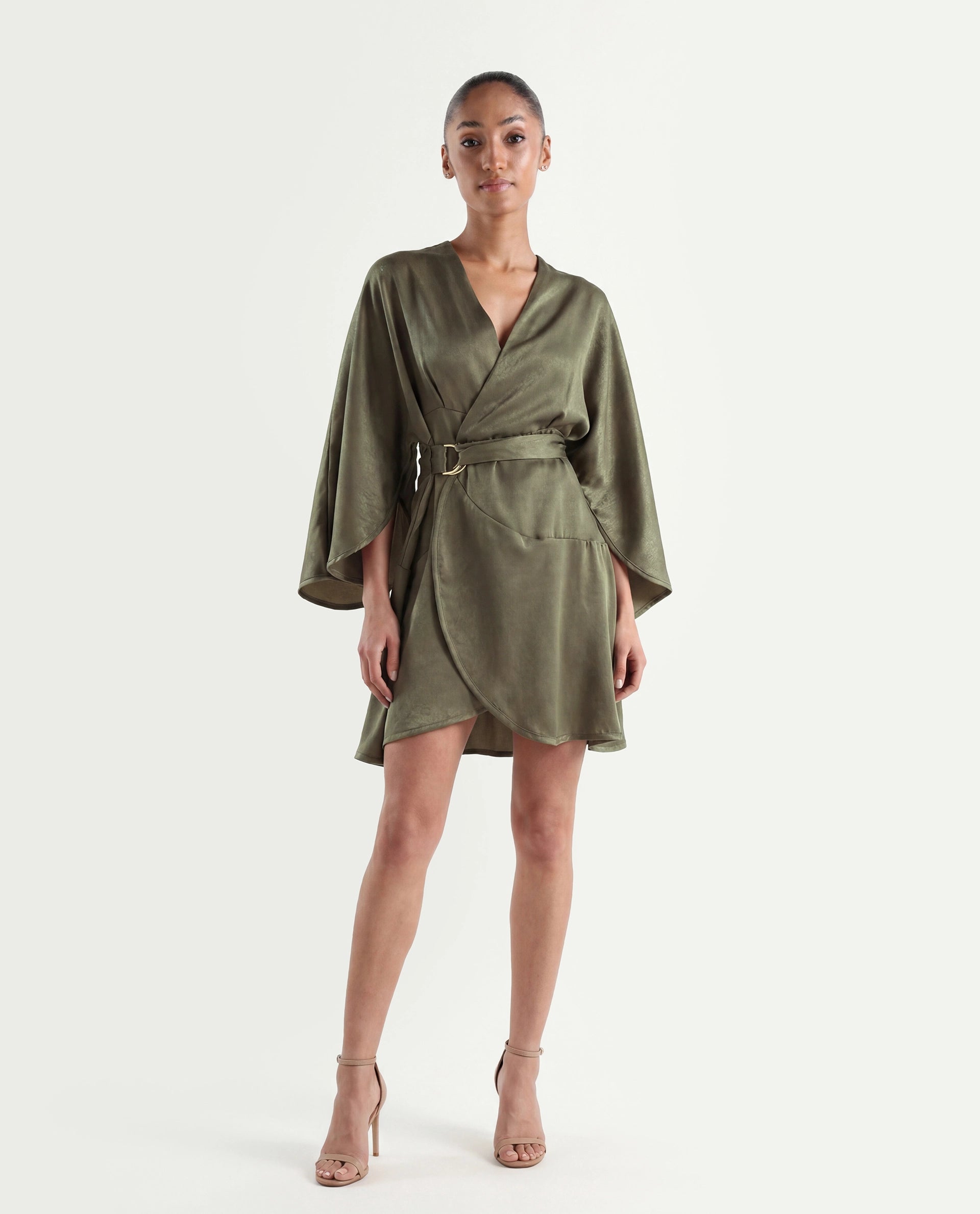 Rareism Women's Alapeno Dark Olive Polyester Overlap Neck Plain Bell Sleeve Mini Fit And Flare Dress