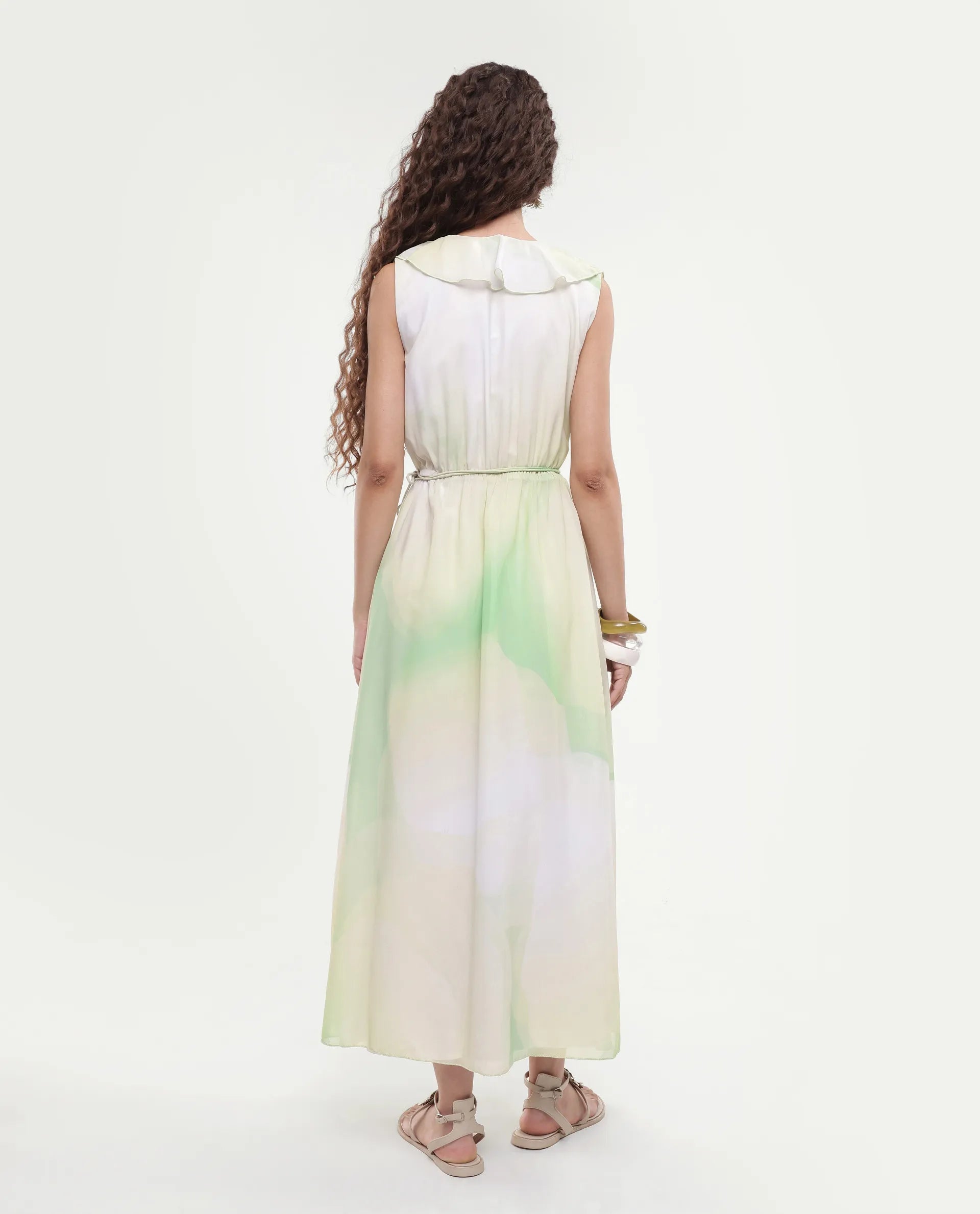 Rareism Women's Alicia Green Polyester Overlap Neck Abstract Print Sleeveless Maxi A-Line Dress