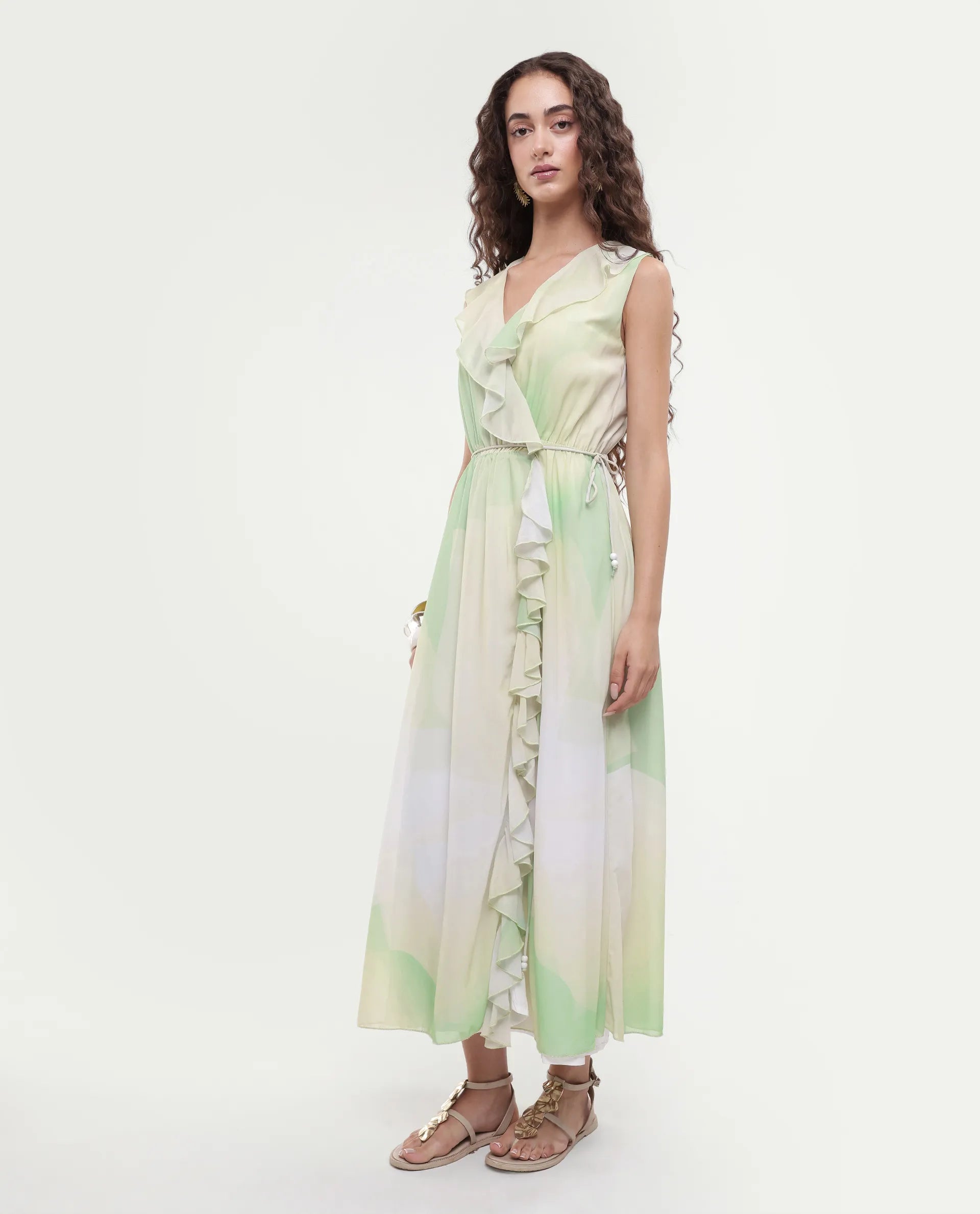 Rareism Women's Alicia Green Polyester Overlap Neck Abstract Print Sleeveless Maxi A-Line Dress