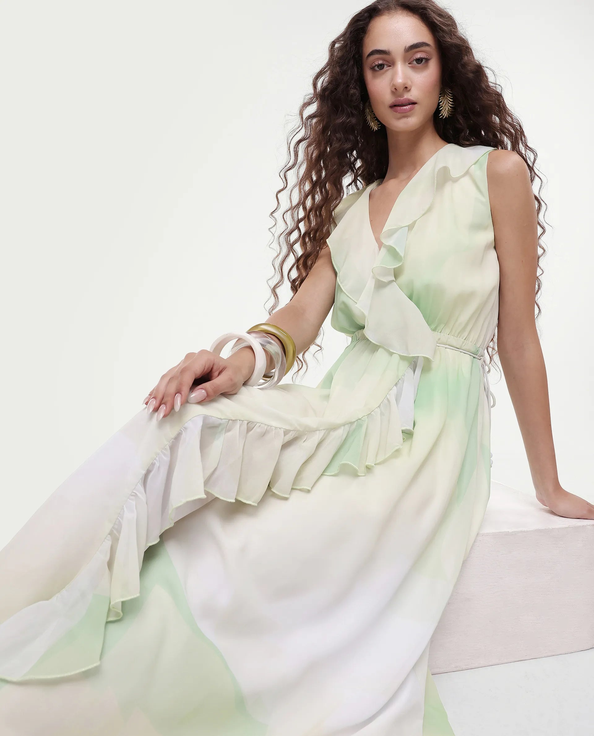Rareism Women's Alicia Green Polyester Overlap Neck Abstract Print Sleeveless Maxi A-Line Dress