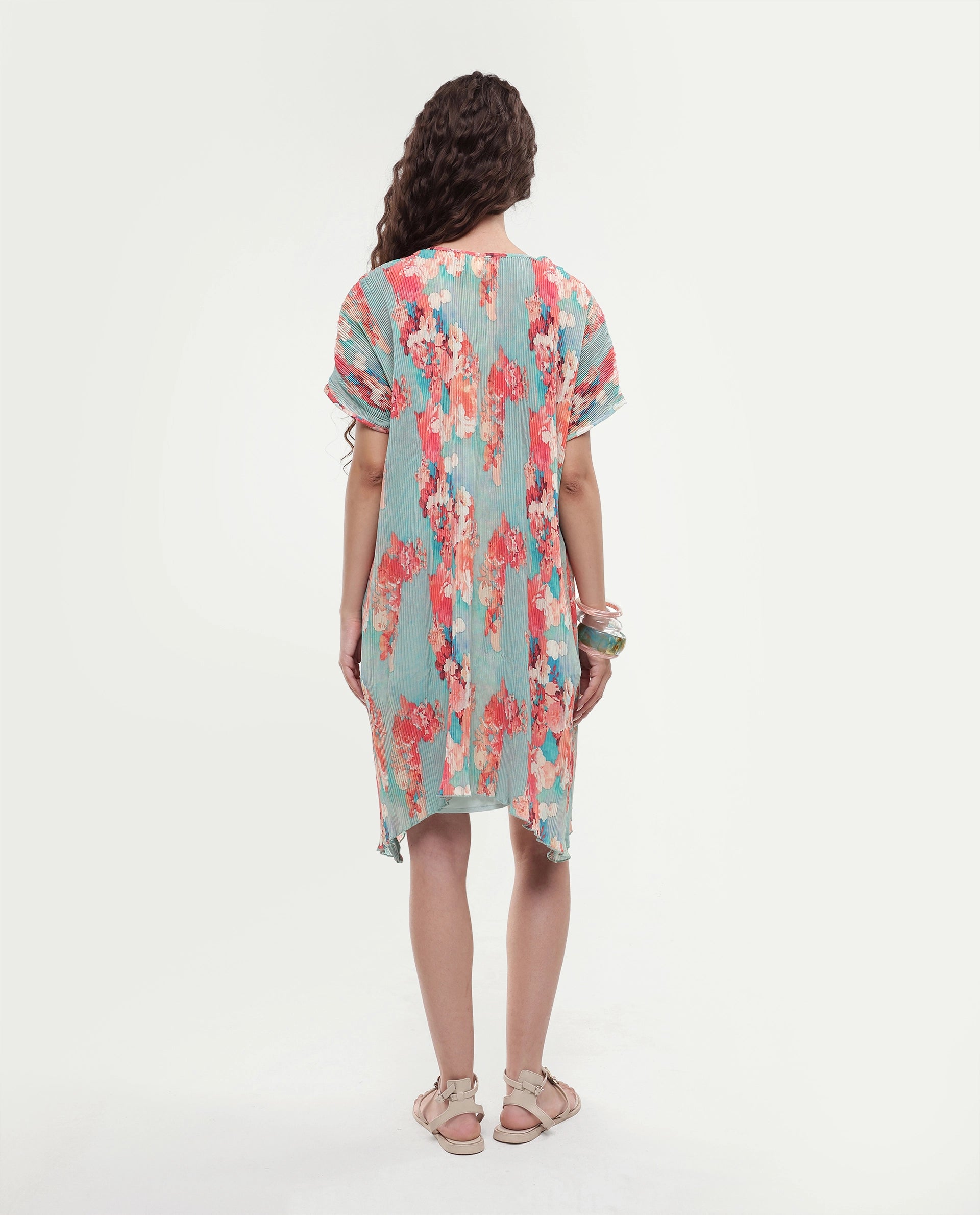 Rareism Women's Dellusion Multi Polyester Blend V-Neck Floral Print Extended Sleeves Mini Asymmetric Dress