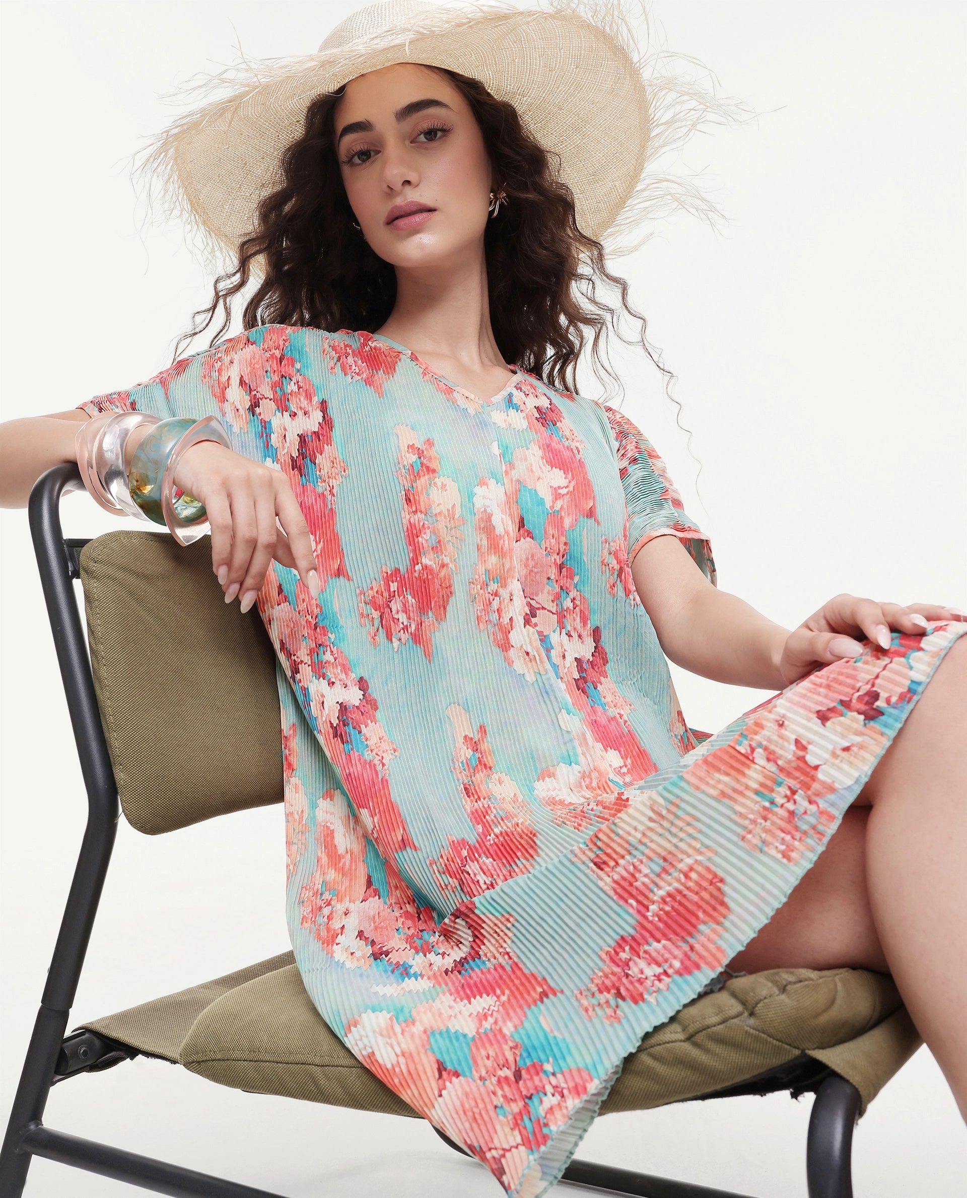 Rareism Women's Dellusion Multi Polyester Blend V-Neck Floral Print Extended Sleeves Mini Asymmetric Dress