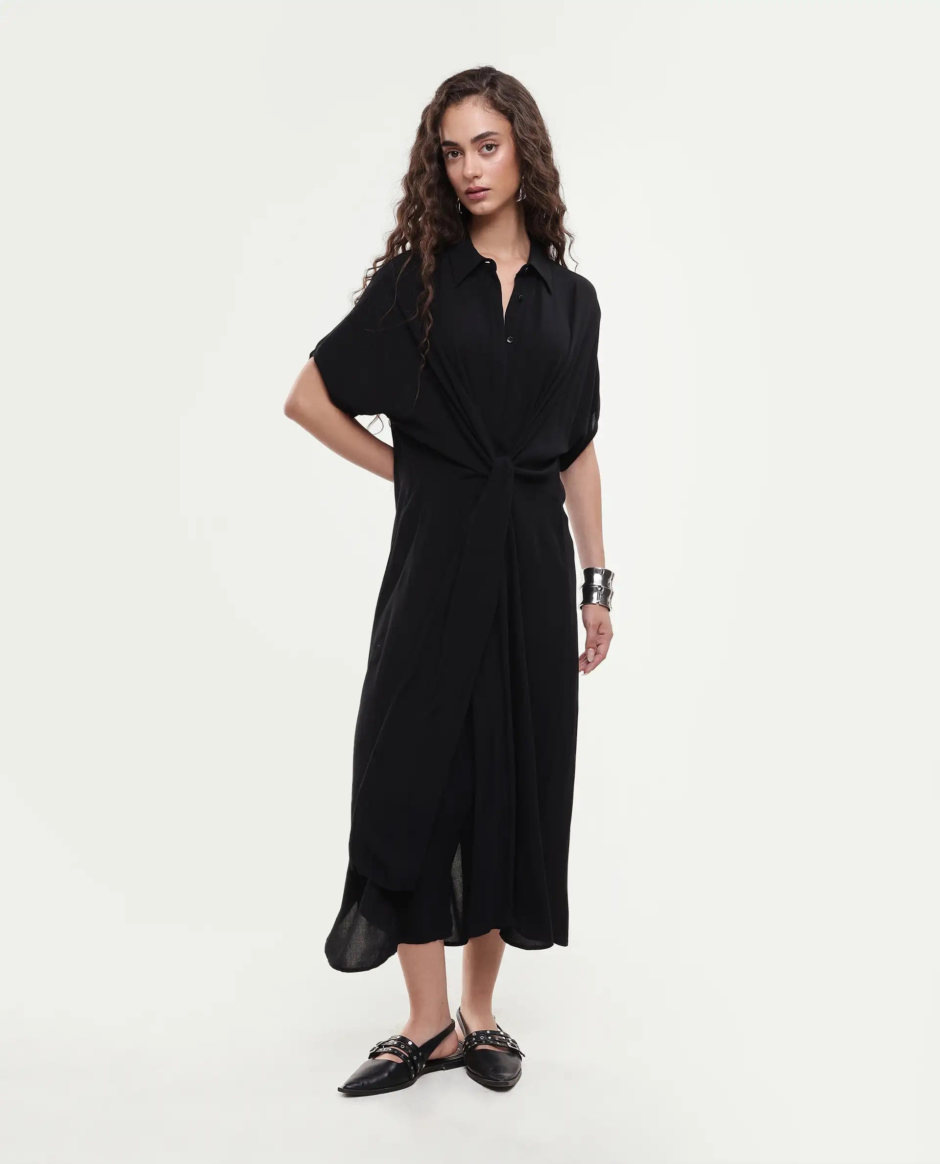 Rareism Women's Ella Black Drop Collar Plain Extended Sleeves Midi Relaxed Fit Dress