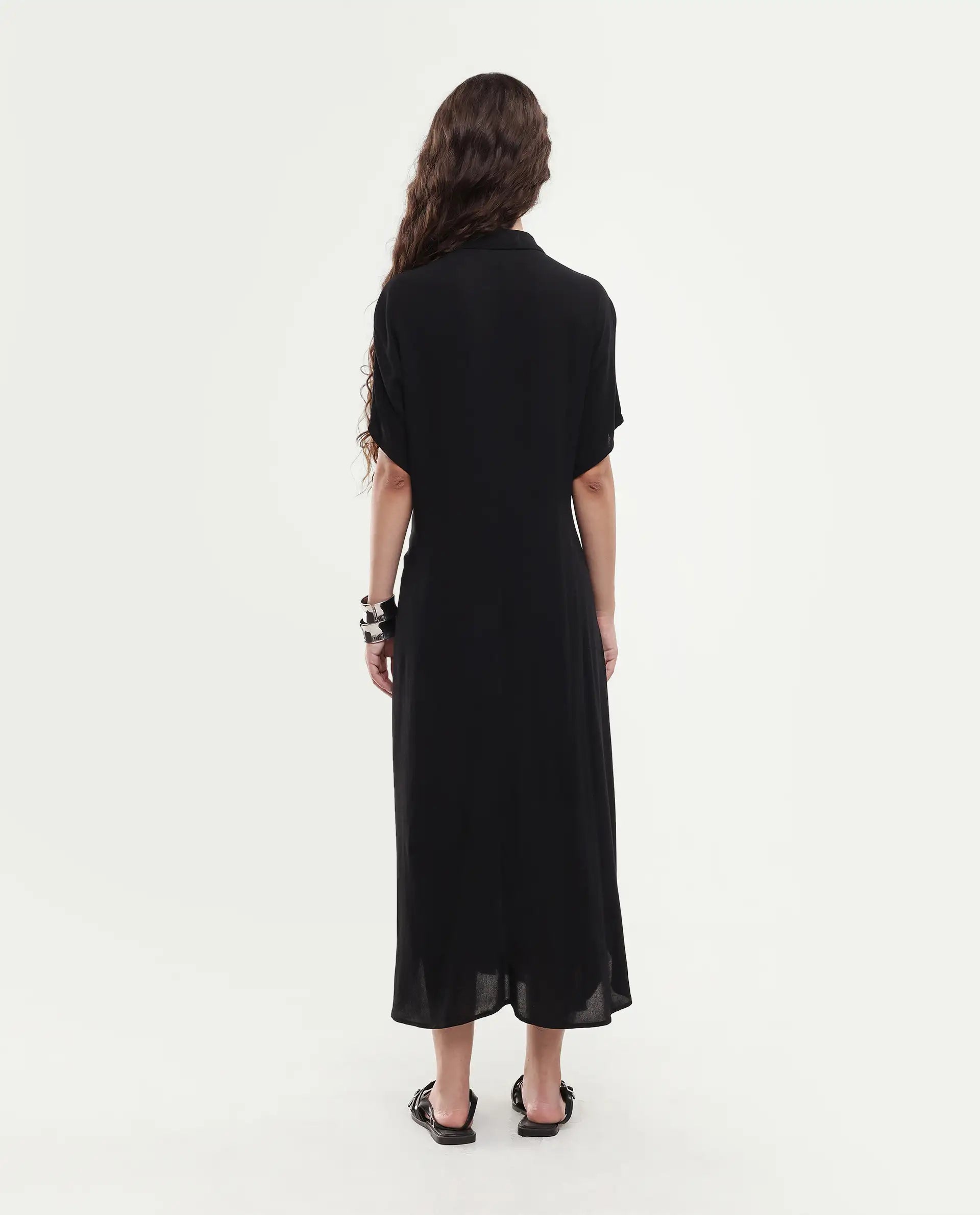 Rareism Women's Ella Black Drop Collar Plain Extended Sleeves Midi Relaxed Fit Dress