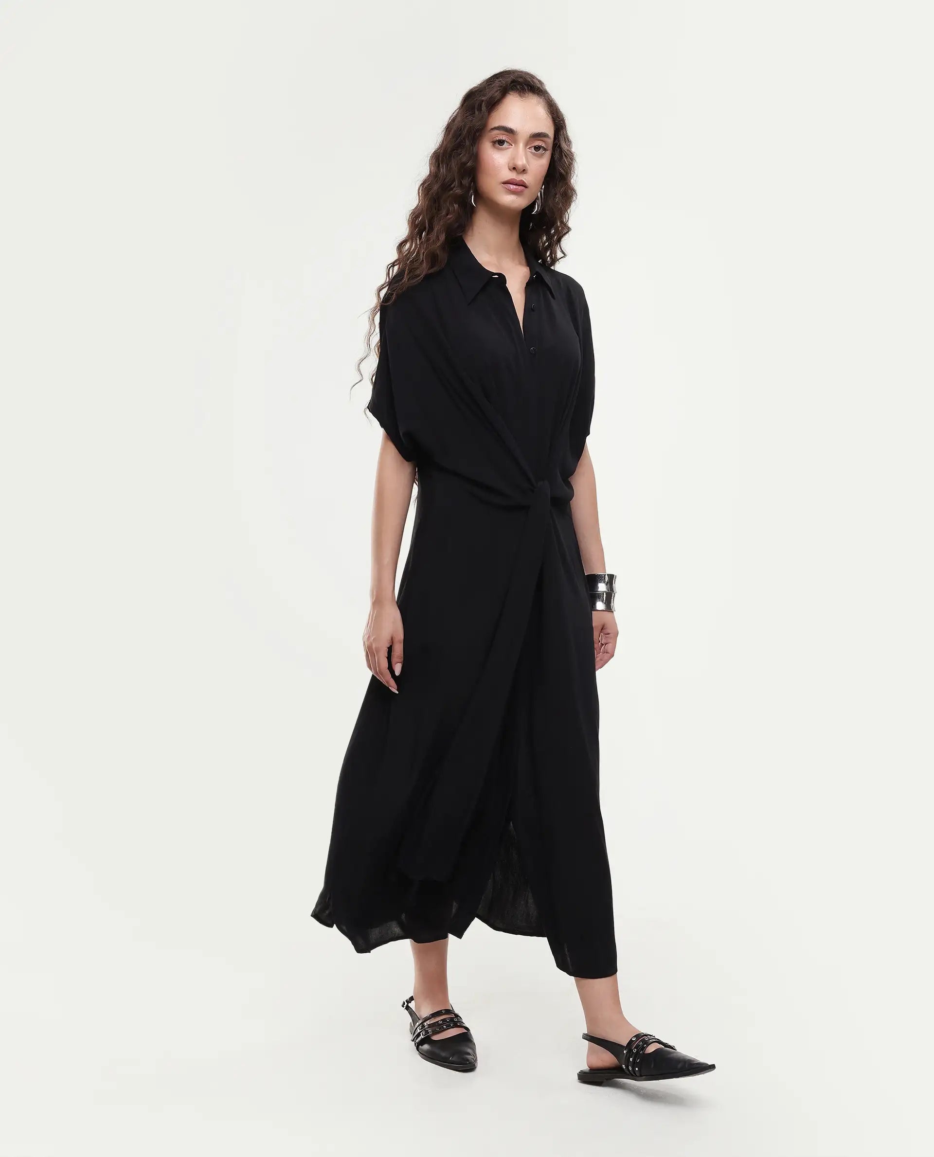 Rareism Women's Ella Black Drop Collar Plain Extended Sleeves Midi Relaxed Fit Dress