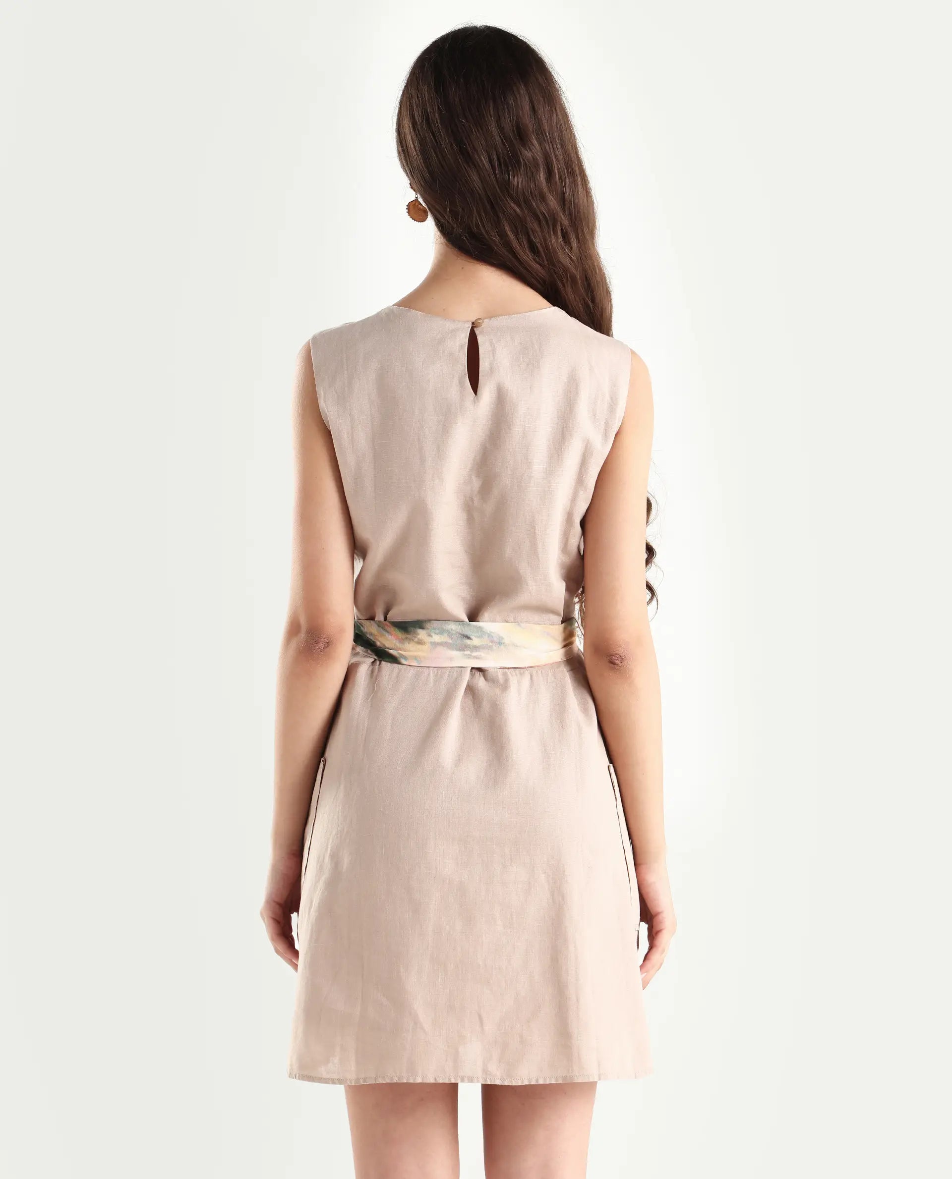 Rareism Women's Felix Light Beige Cotton Blend Crew Neck Plain Sleeveless Mini A-Line Dress