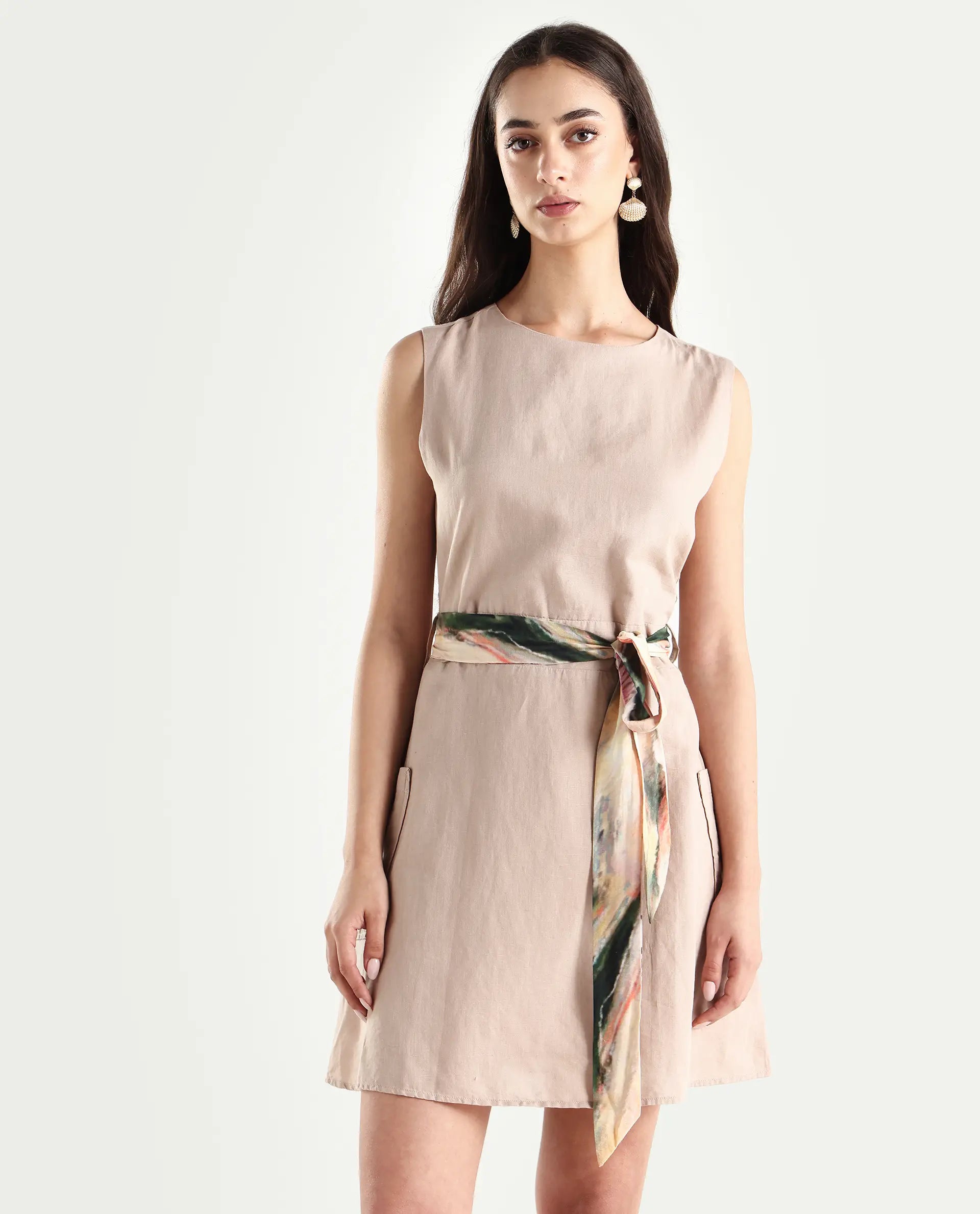 Rareism Women's Felix Light Beige Cotton Blend Crew Neck Plain Sleeveless Mini A-Line Dress