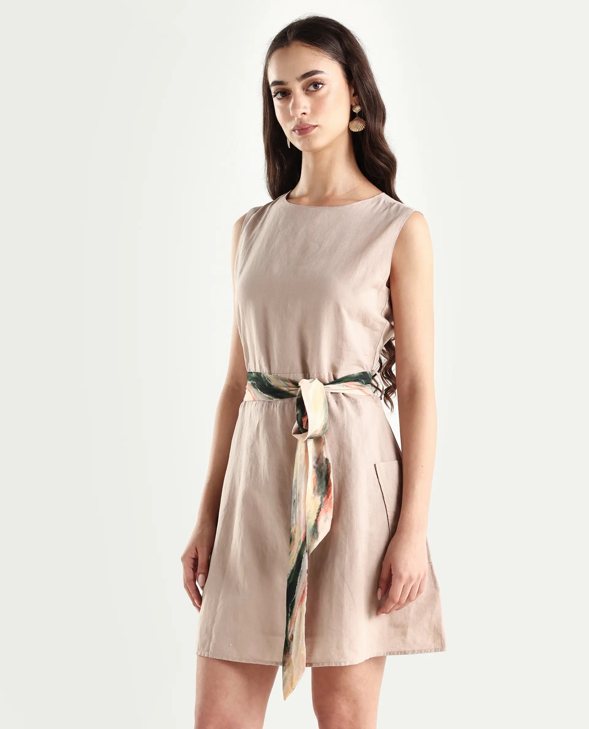 Rareism Women's Felix Light Beige Cotton Blend Crew Neck Plain Sleeveless Mini A-Line Dress