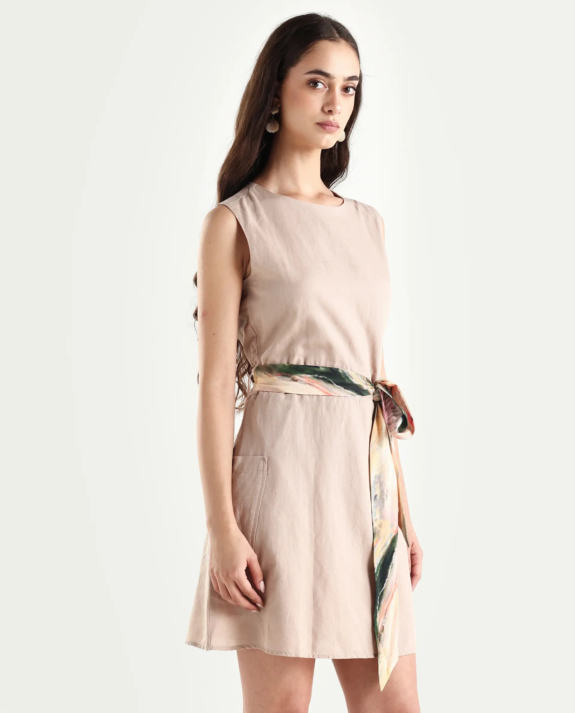 Rareism Women's Felix Light Beige Cotton Blend Crew Neck Plain Sleeveless Mini A-Line Dress