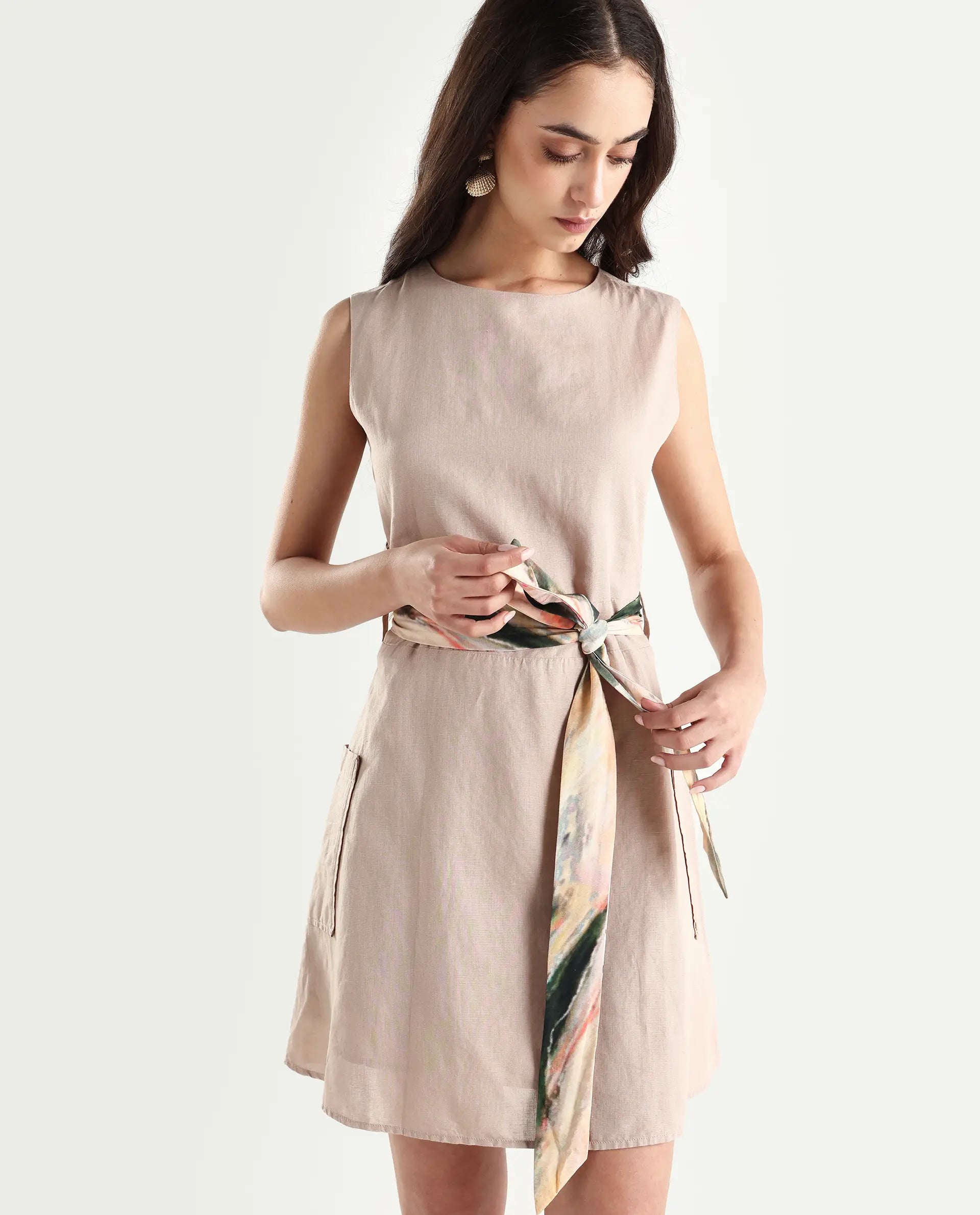 Rareism Women's Felix Light Beige Cotton Blend Crew Neck Plain Sleeveless Mini A-Line Dress