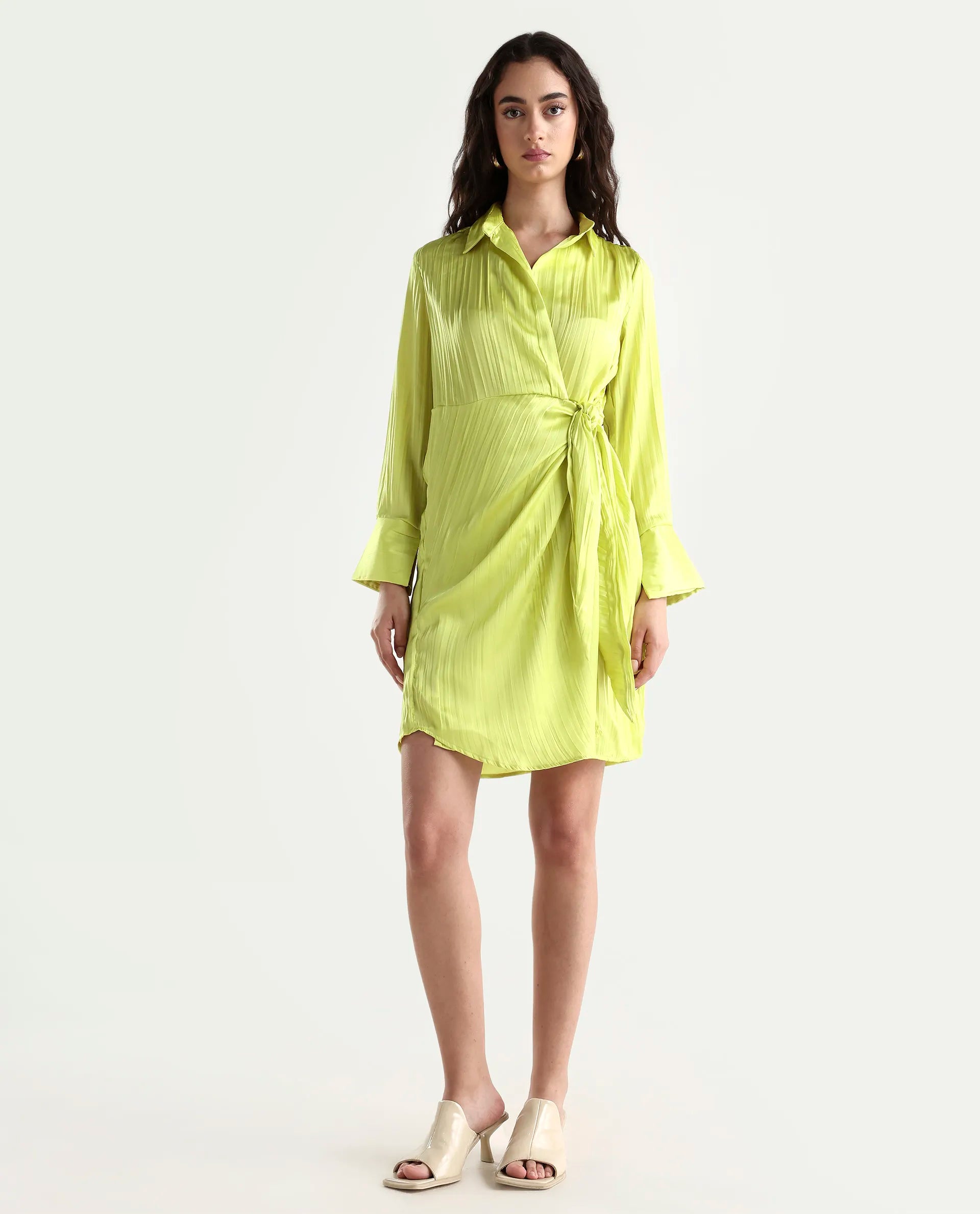 Rareism Women's Ladimir Flouroscent Green Polyester Blend Spread Collar Plain Cuffed Sleeve Mini Wrap Dress
