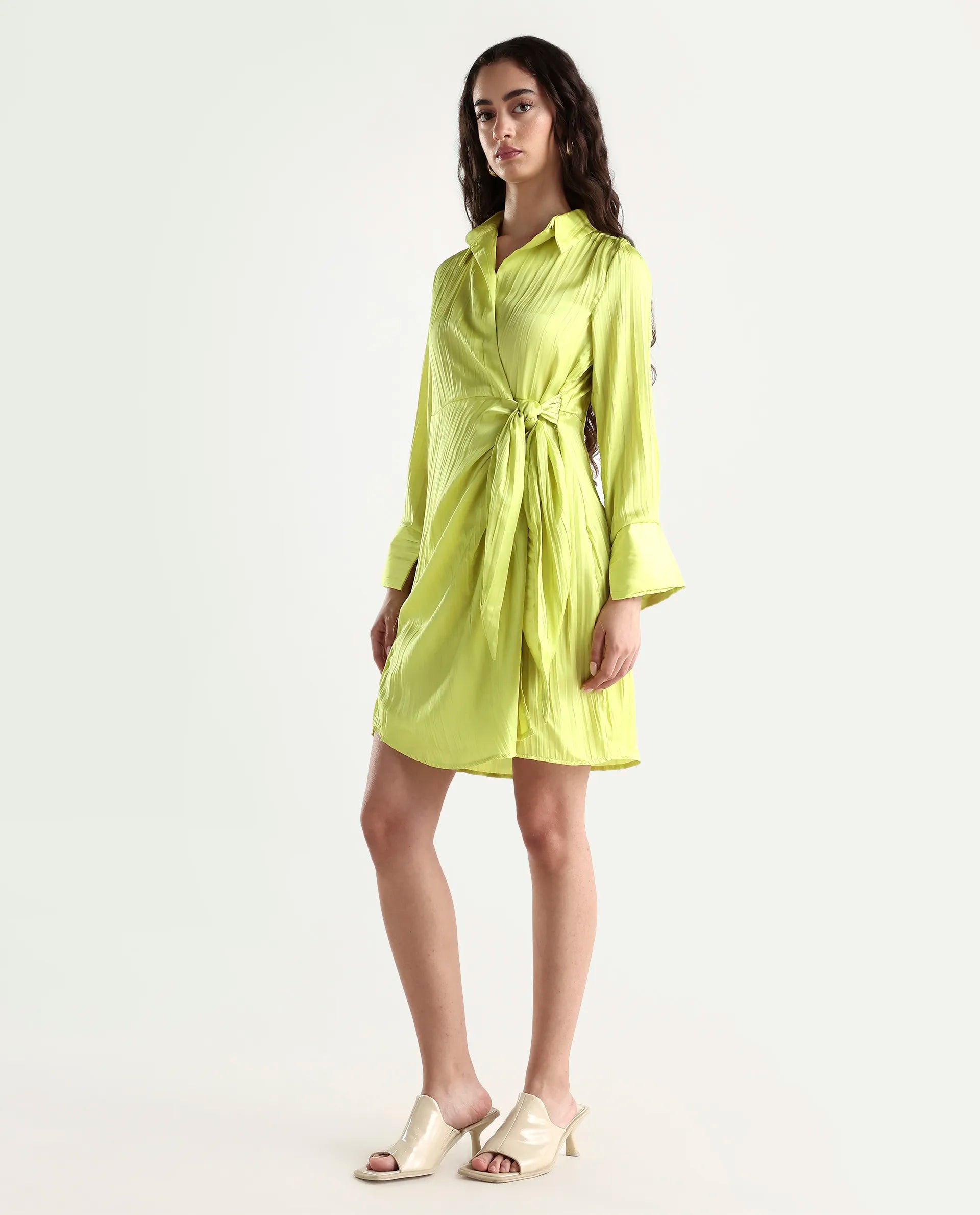 Rareism Women's Ladimir Flouroscent Green Polyester Blend Spread Collar Plain Cuffed Sleeve Mini Wrap Dress