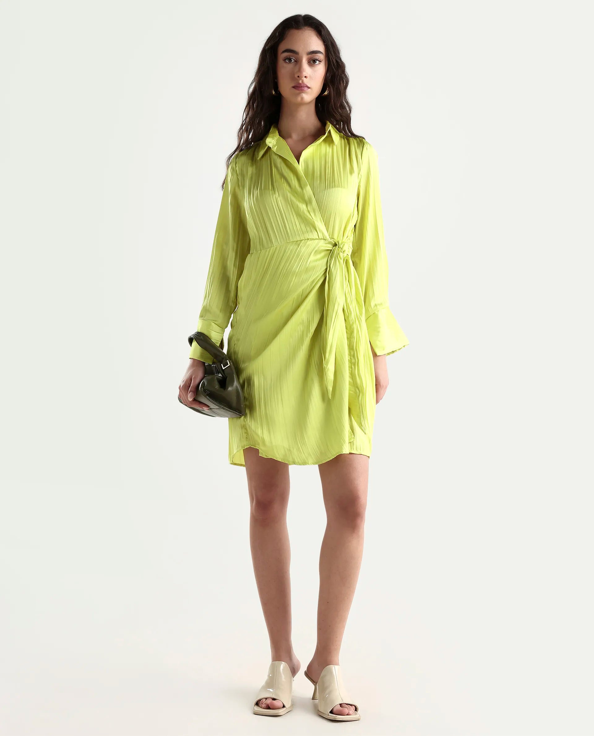 Rareism Women's Ladimir Flouroscent Green Polyester Blend Spread Collar Plain Cuffed Sleeve Mini Wrap Dress