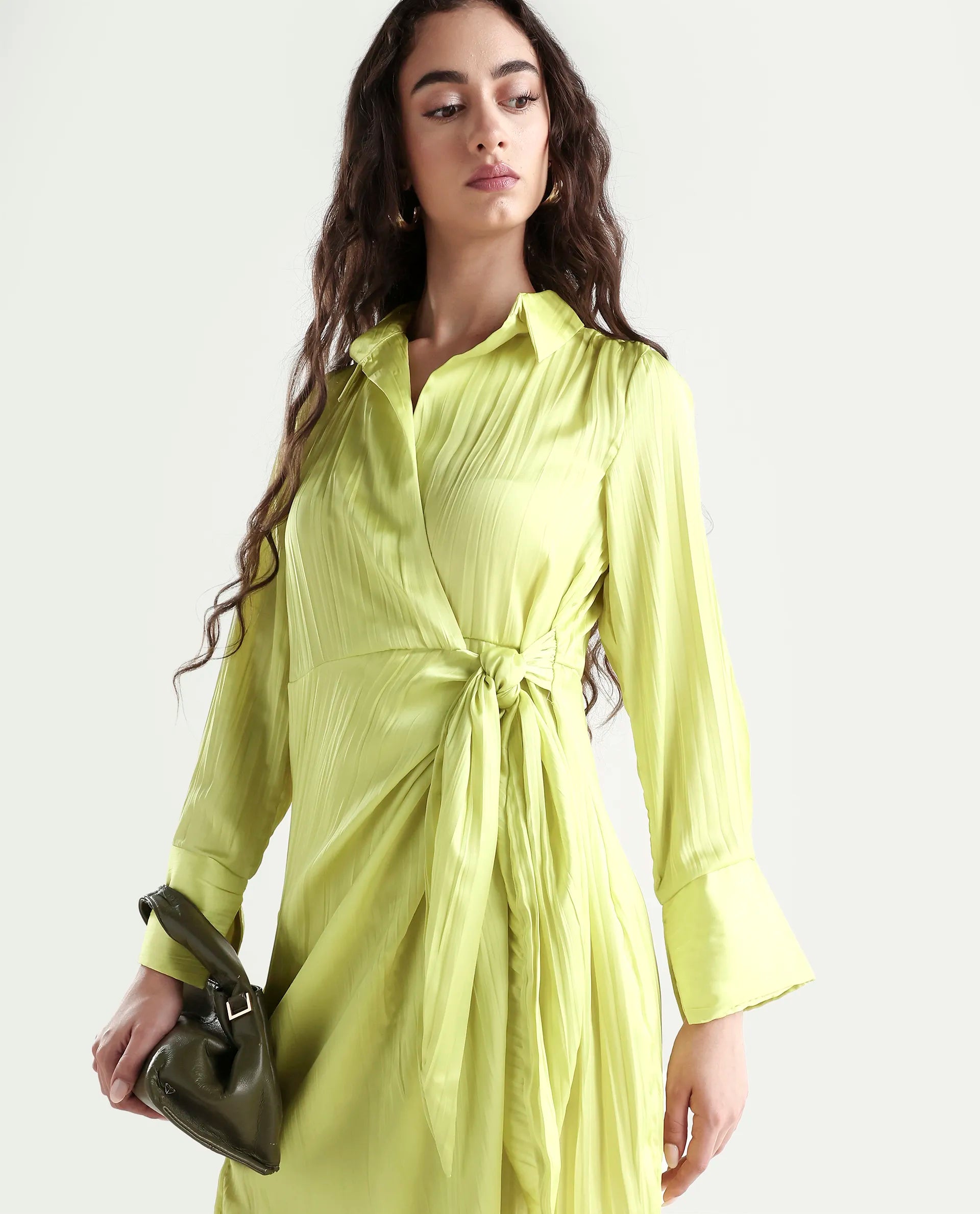 Rareism Women's Ladimir Flouroscent Green Polyester Blend Spread Collar Plain Cuffed Sleeve Mini Wrap Dress
