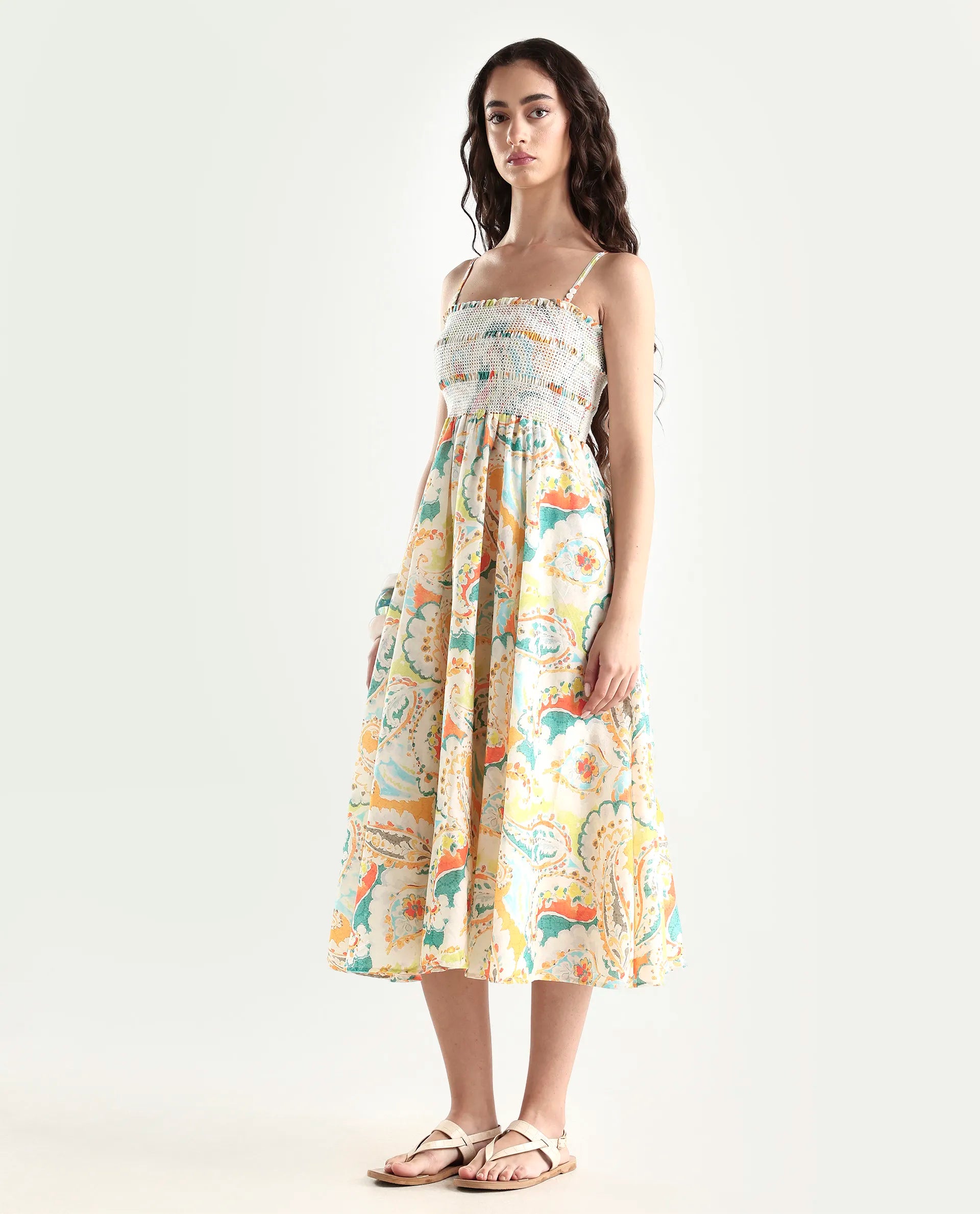 Rareism Women's Lenoid Multi Cotton Shoulder Strap Paisley Print Sleeveless Midi Fit And Flare Dress