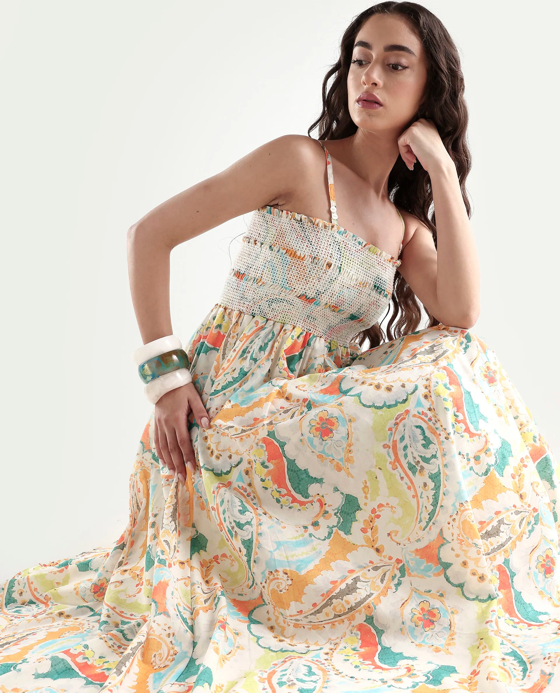 Rareism Women's Lenoid Multi Cotton Shoulder Strap Paisley Print Sleeveless Midi Fit And Flare Dress