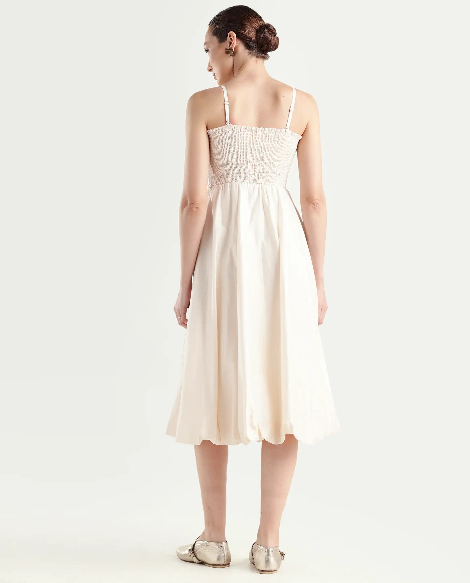 Rareism Women's Oligue Beige Cotton Shoulder Strap Plain Shoulder Strap Midi Fit And Flare Dress